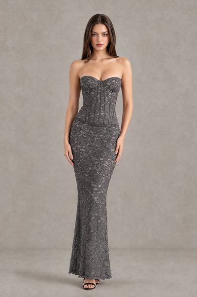 BOLODOO Grey Strapless Lace Corset Wedding Guest Dress - Grey - Grey_1