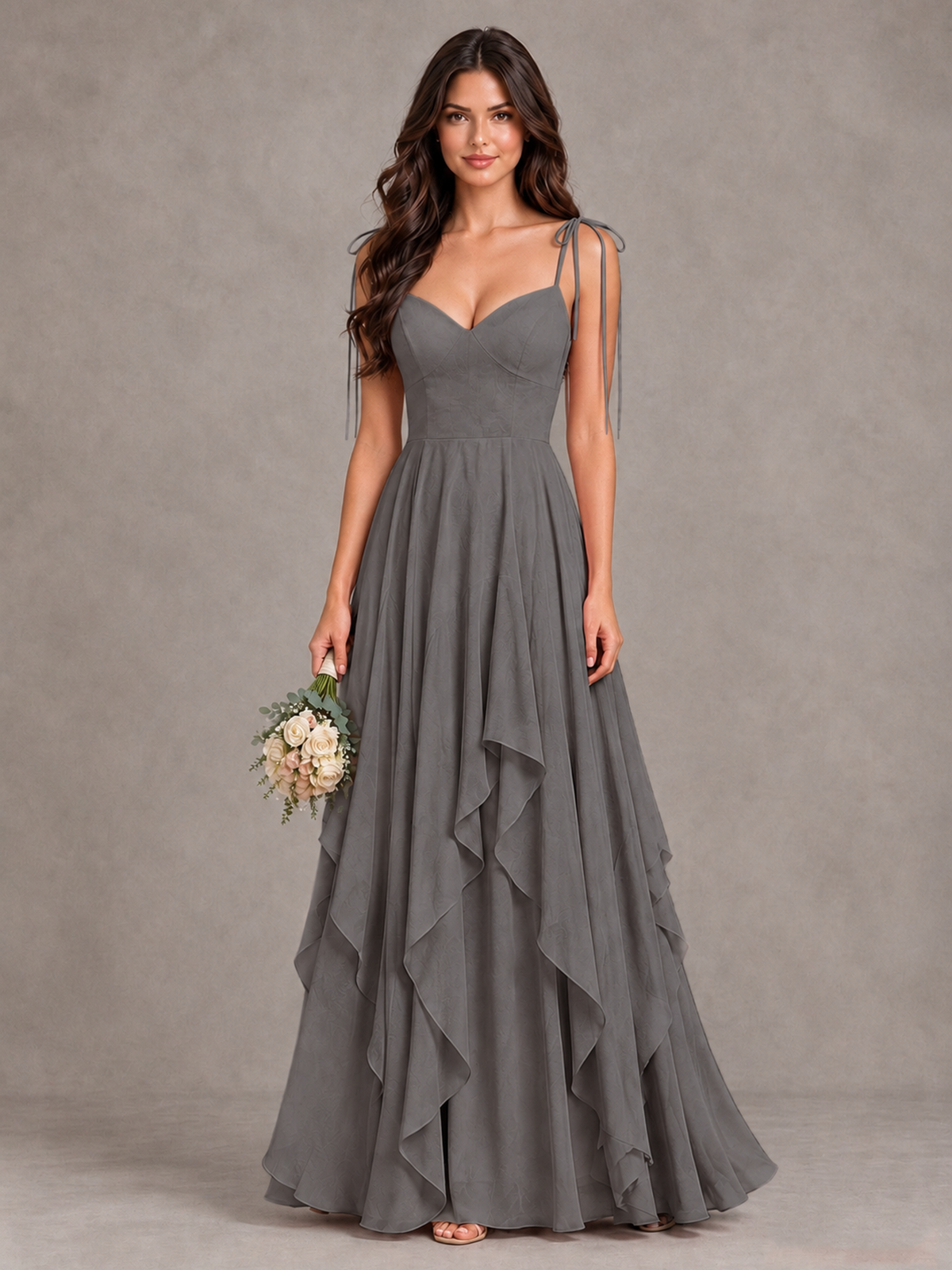 BOLODOO Grey Tie-Strap Ruffle A-Line Bridesmaid Dress - Grey - Grey_1