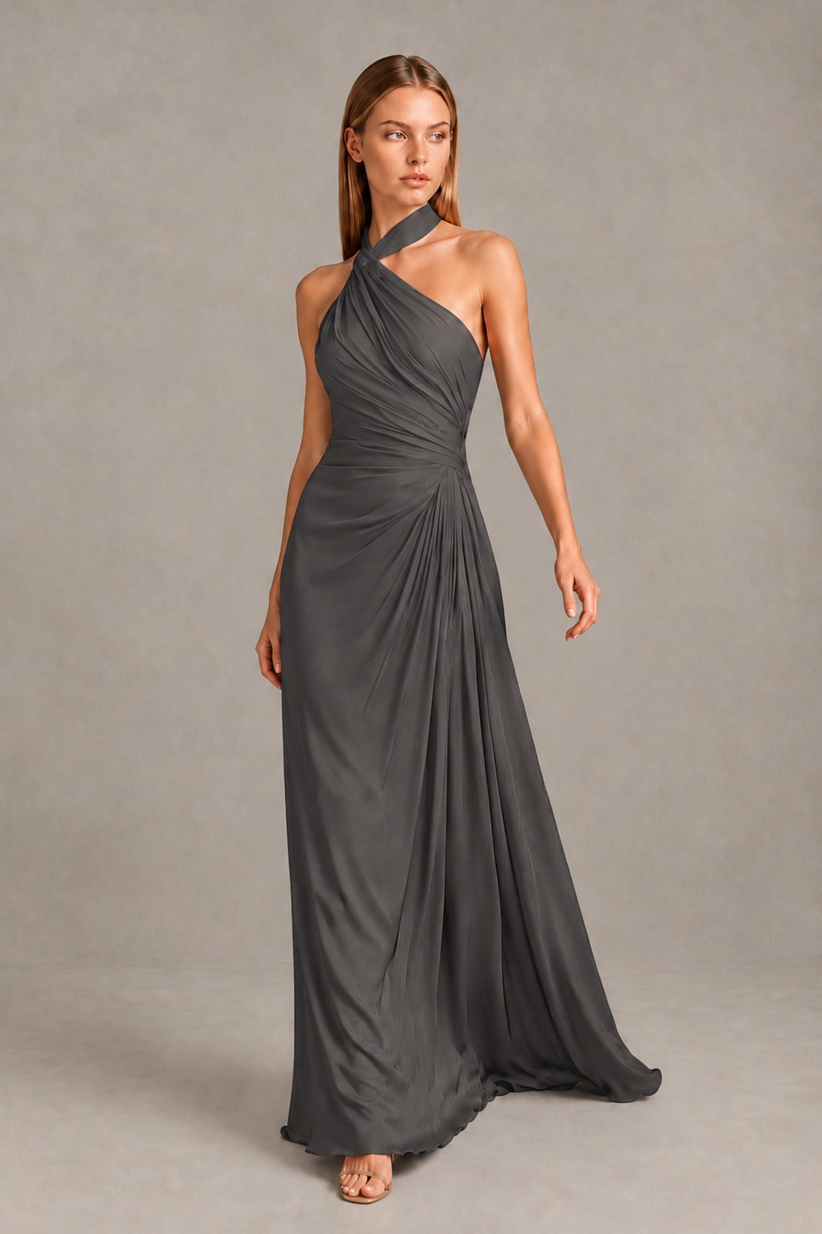 BOLODOO Grey Twisted Halter Neck Ruched Sleeveless Open Back Floor-Length Gown - Grey - Grey_1