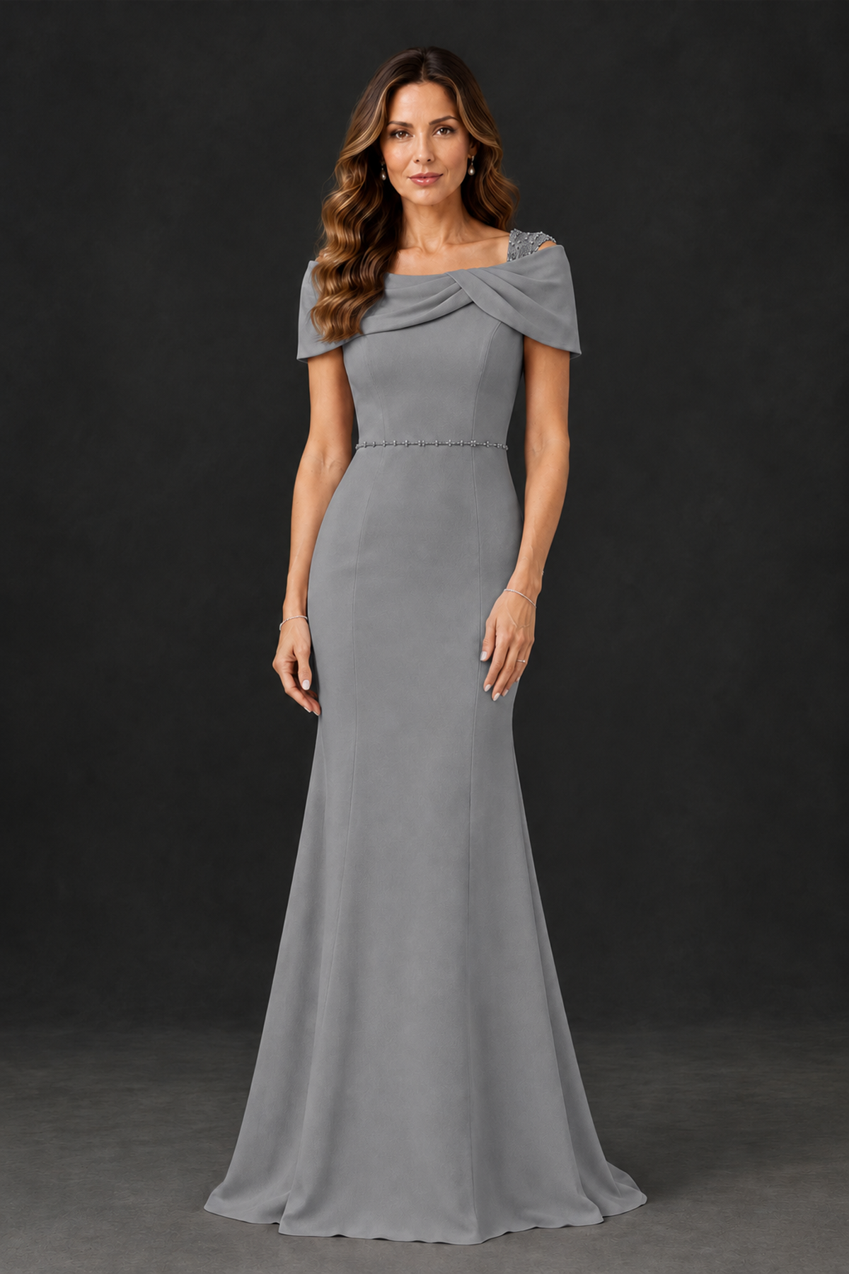 BOLODOO Grey Mother of the Bride Dress with Draped Cape Detail - Grey - Grey_1