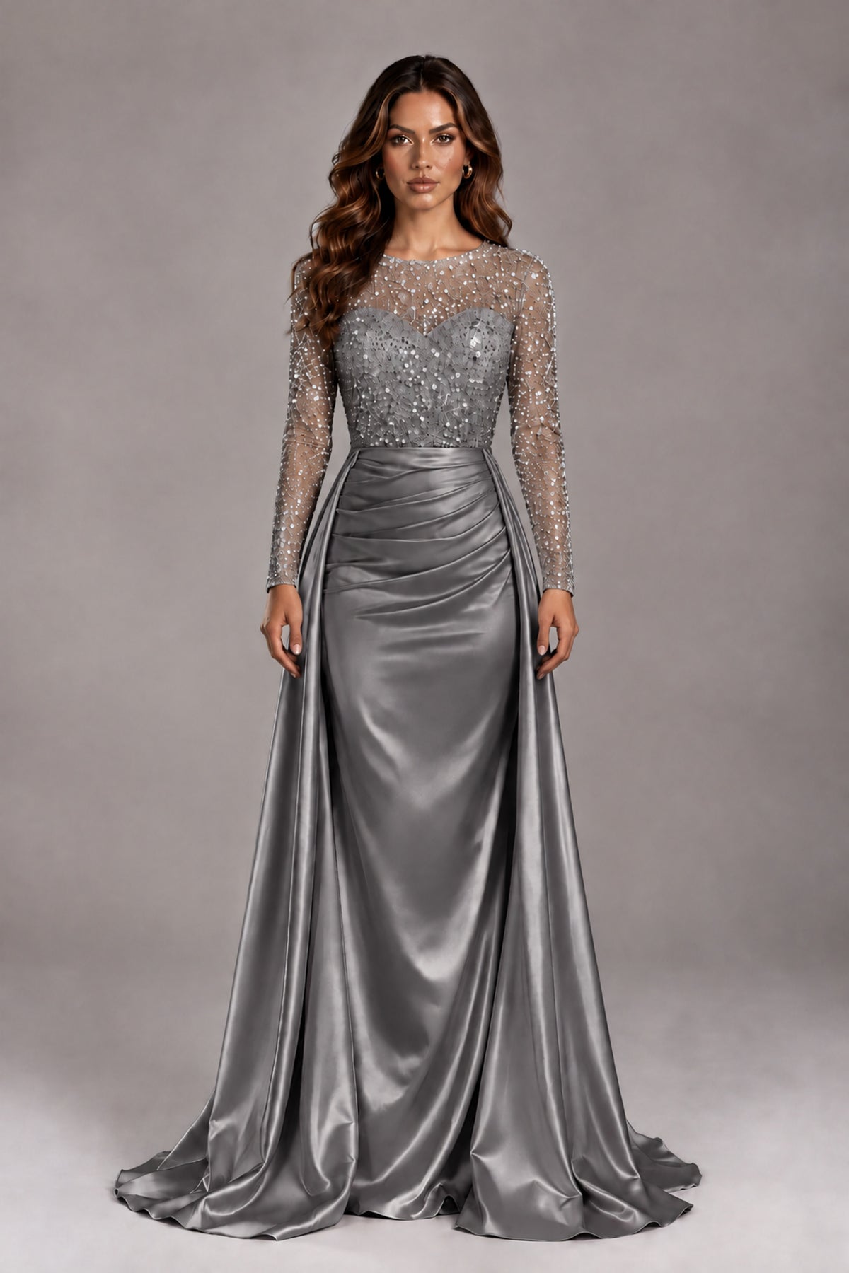 BOLODOO Grey Long Sleeve Embellished Satin Evening Gown with Sweep Train - Grey - Grey_1