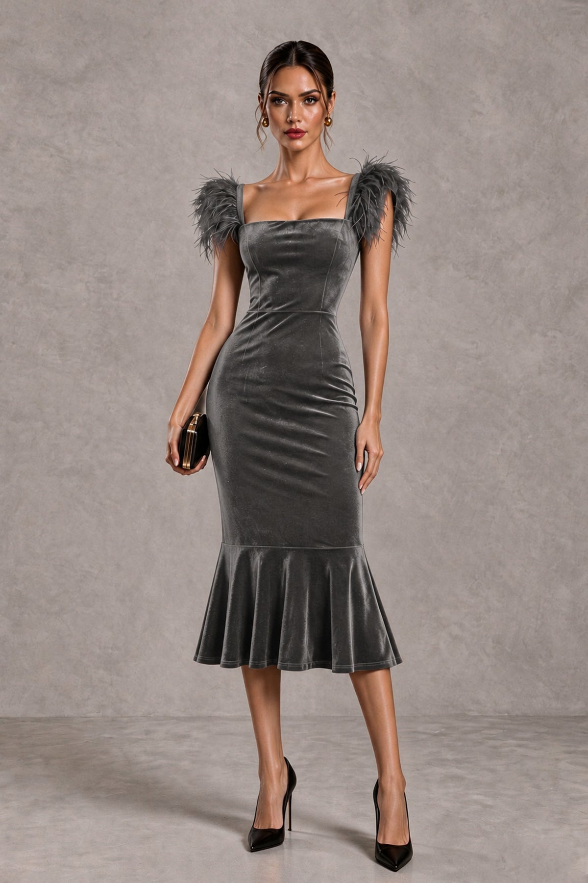 BOLODOO Grey Feather-Trim Velvet-Look Mermaid Midi Dress - Grey - Grey_1