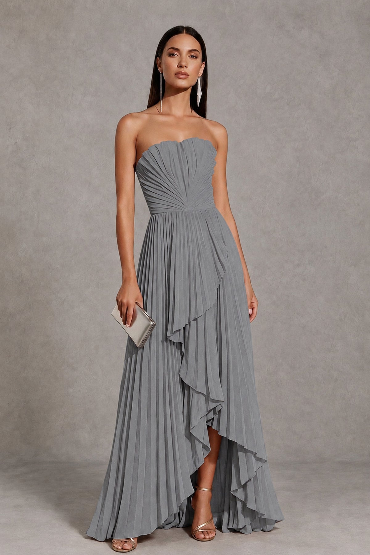 Grey Strapless Pleated High-Low Evening Gown with Ruffle Hem - Grey
