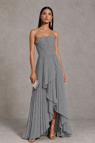 Grey Strapless Pleated High-Low Evening Gown with Ruffle Hem - Grey
