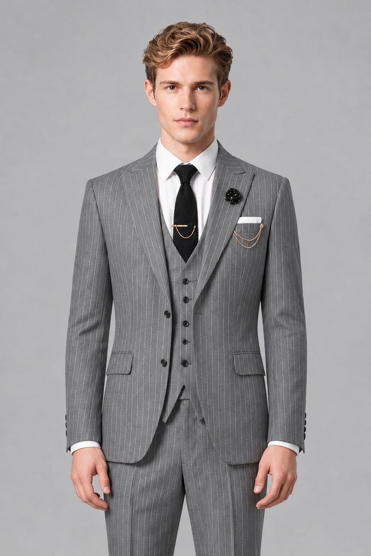 Bolodoo Men's Grey Pinstripe 3-Piece Suit – Jacket, Vest & Trousers - Grey - Grey_1