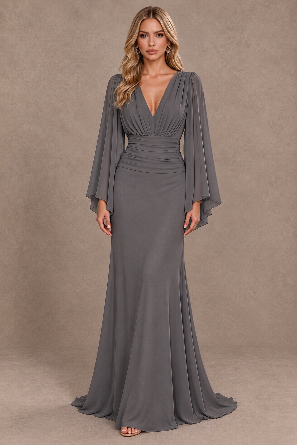 BOLODOO Grey Cape Sleeve V-Neck Ruched Chiffon Evening Dress - Grey - Grey_1