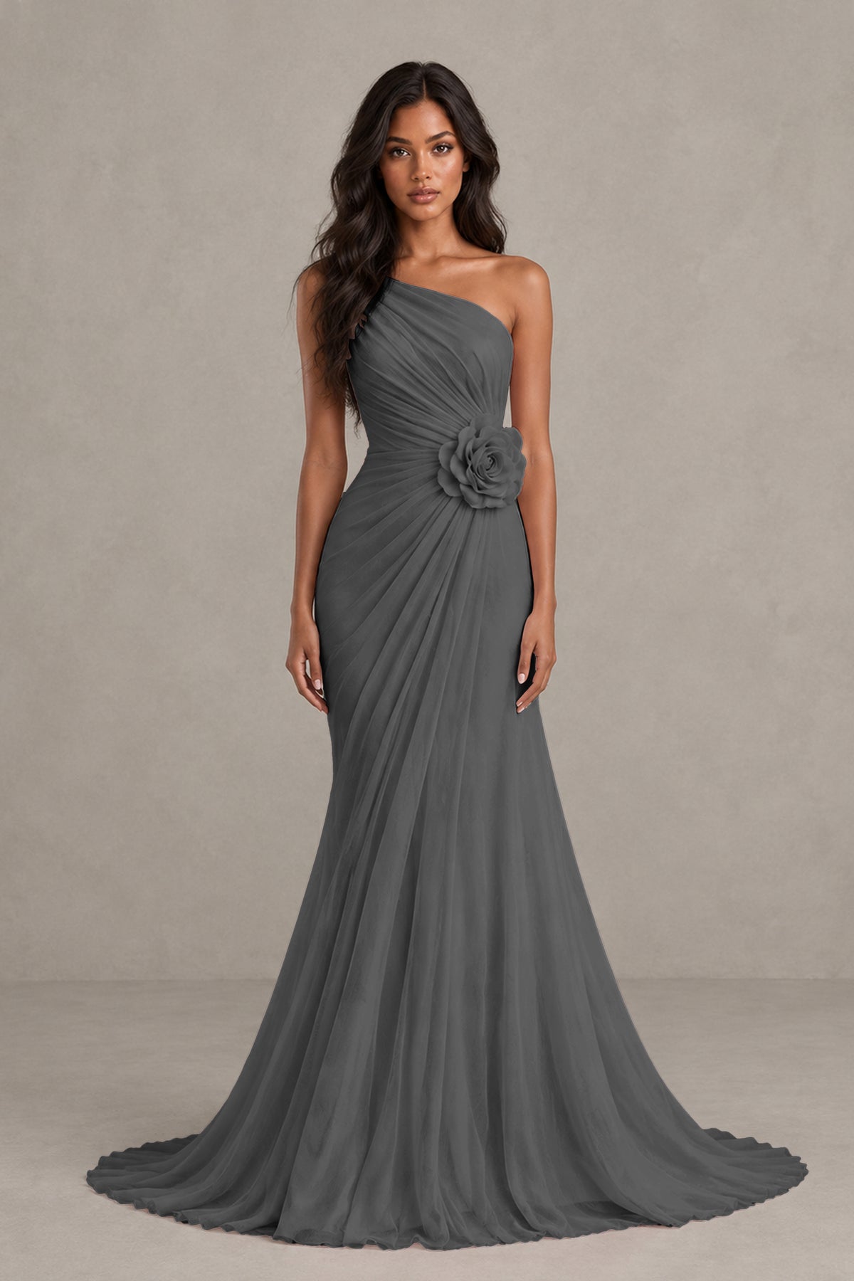 BOLODOO Grey One-Shoulder Floral Ruched Maxi Dress - Grey