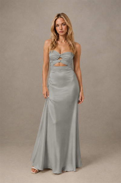 BOLODOO Grey Sweetheart Strapless Twist Knot Cutout Lace-Up Back Satin Mermaid Maxi Dress - Grey - Grey(1)