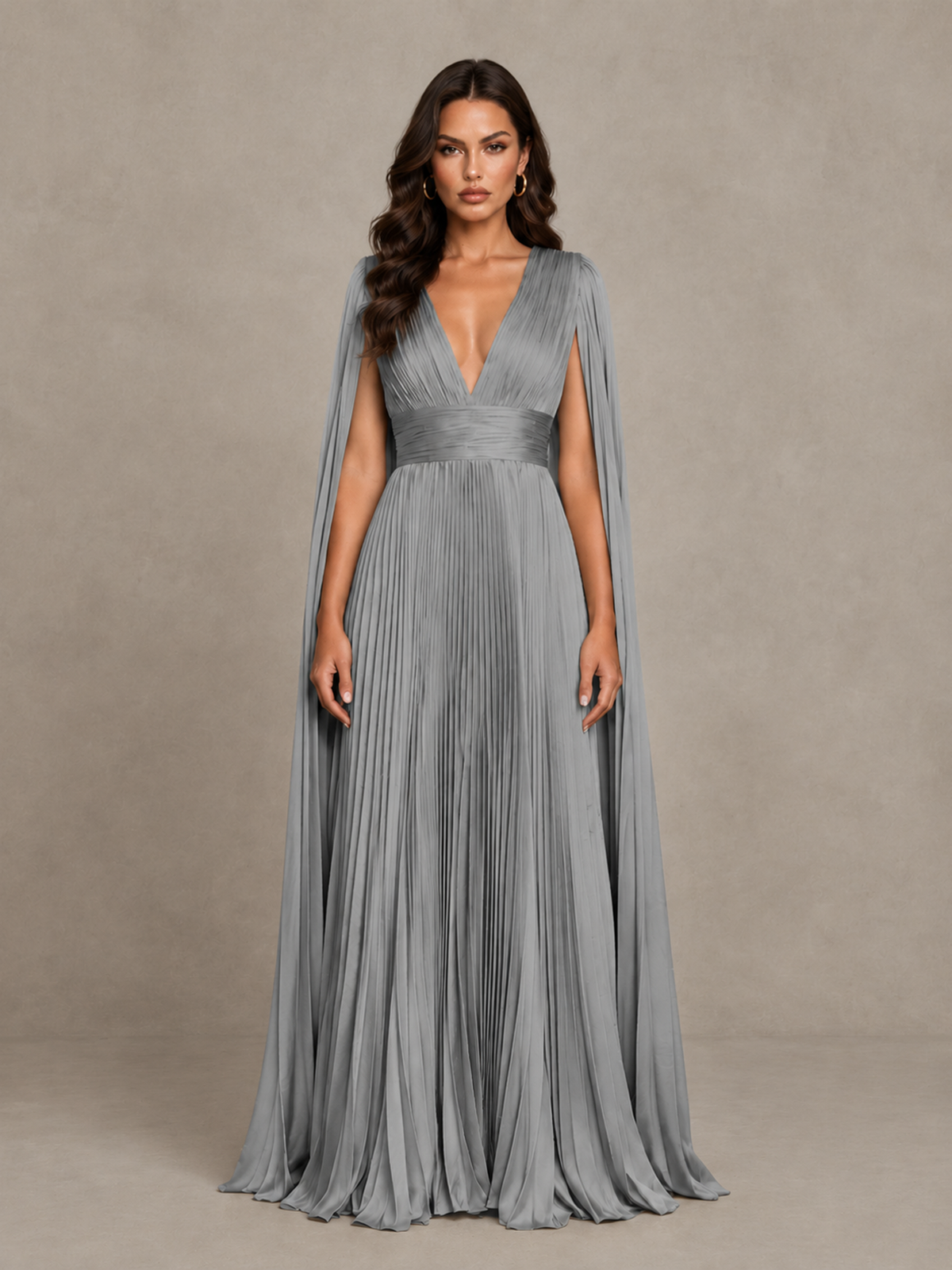 BOLODOO Grey Deep V-Neck Pleated Cape Sleeve Evening Gown - Grey - Grey_1