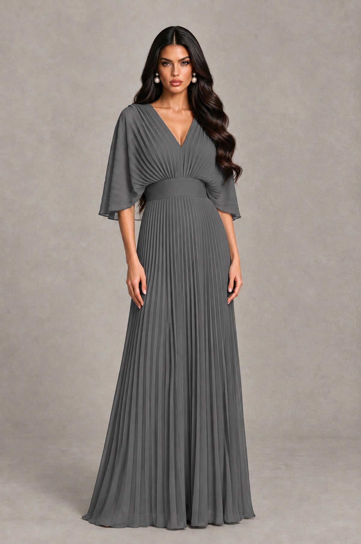 BOLODOO Grey V-Neck Pleated Flutter Sleeve Formal Dress - Grey - Grey_1