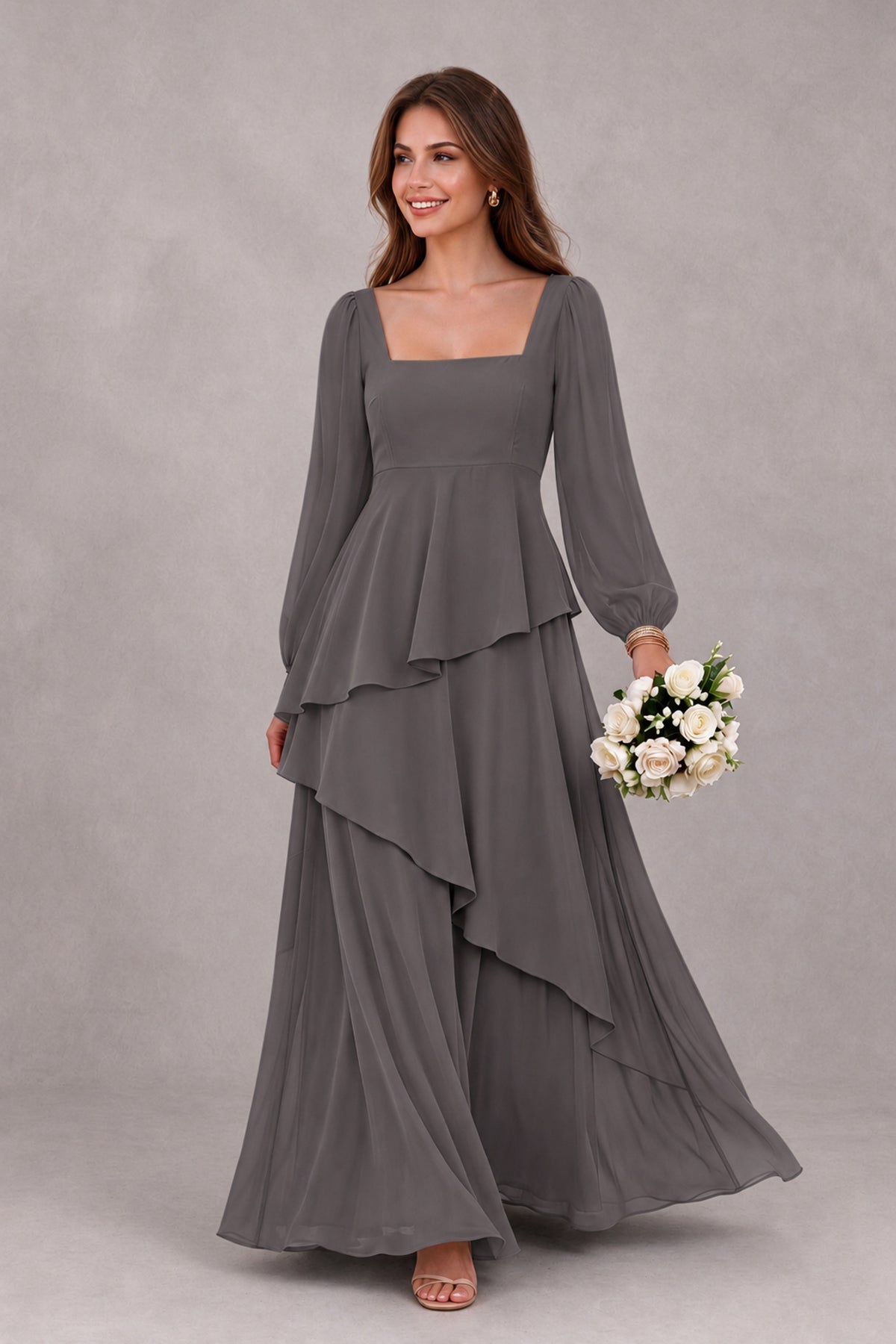 BOLODOO Grey Long Sleeve Ruffle Bridesmaid Dresses - Grey - Grey_1