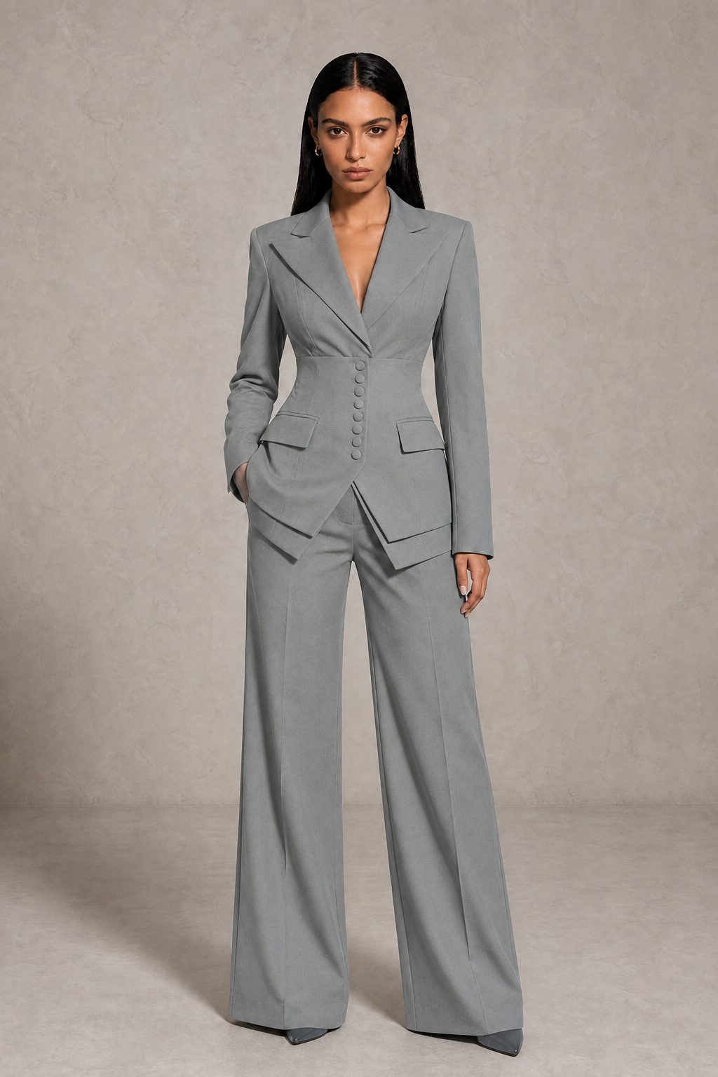 BOLODOO Grey Cinched Waist Blazer and Wide Leg Pants Two Piece Suit Set - Grey