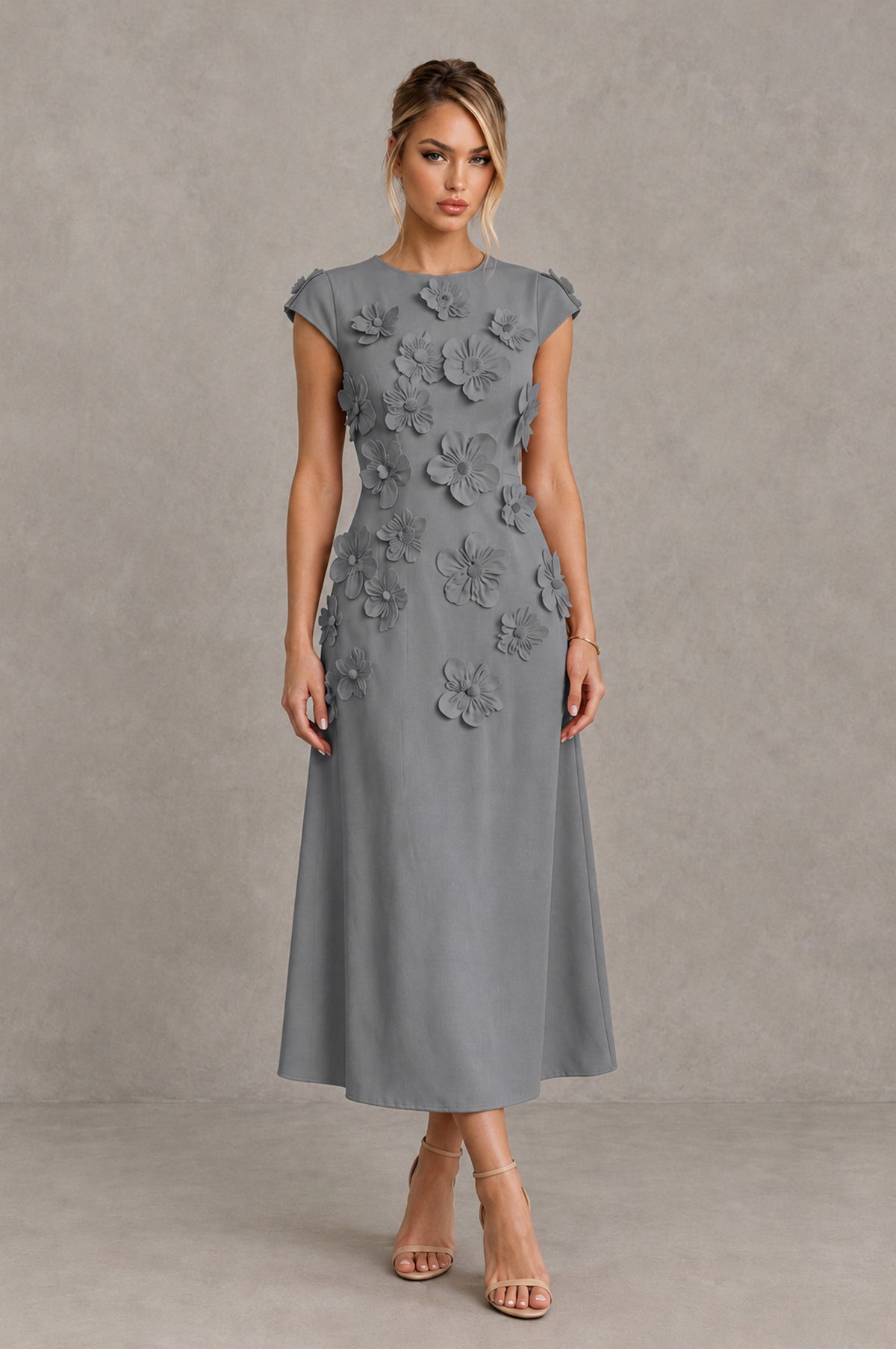BOLODOO Grey 3D Floral Cap Sleeve Midi Cocktail Dress - Grey - Grey_1
