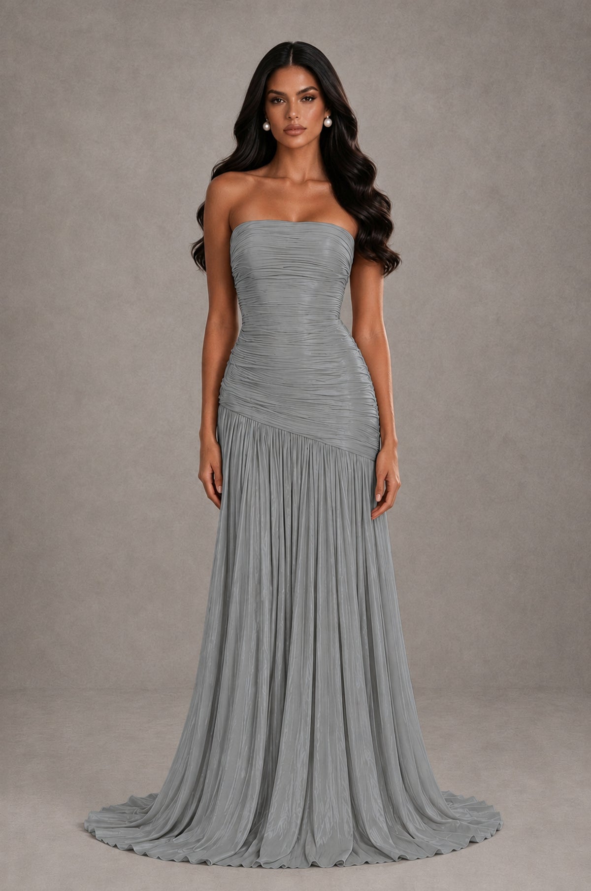 BOLODOO Grey Metallic Ruched Strapless Pleated A-Line Backless Maxi Dress with Train - Grey - Grey_1