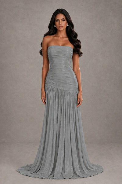 BOLODOO Grey Metallic Ruched Strapless Pleated A-Line Backless Maxi Dress with Train - Grey - Grey_1