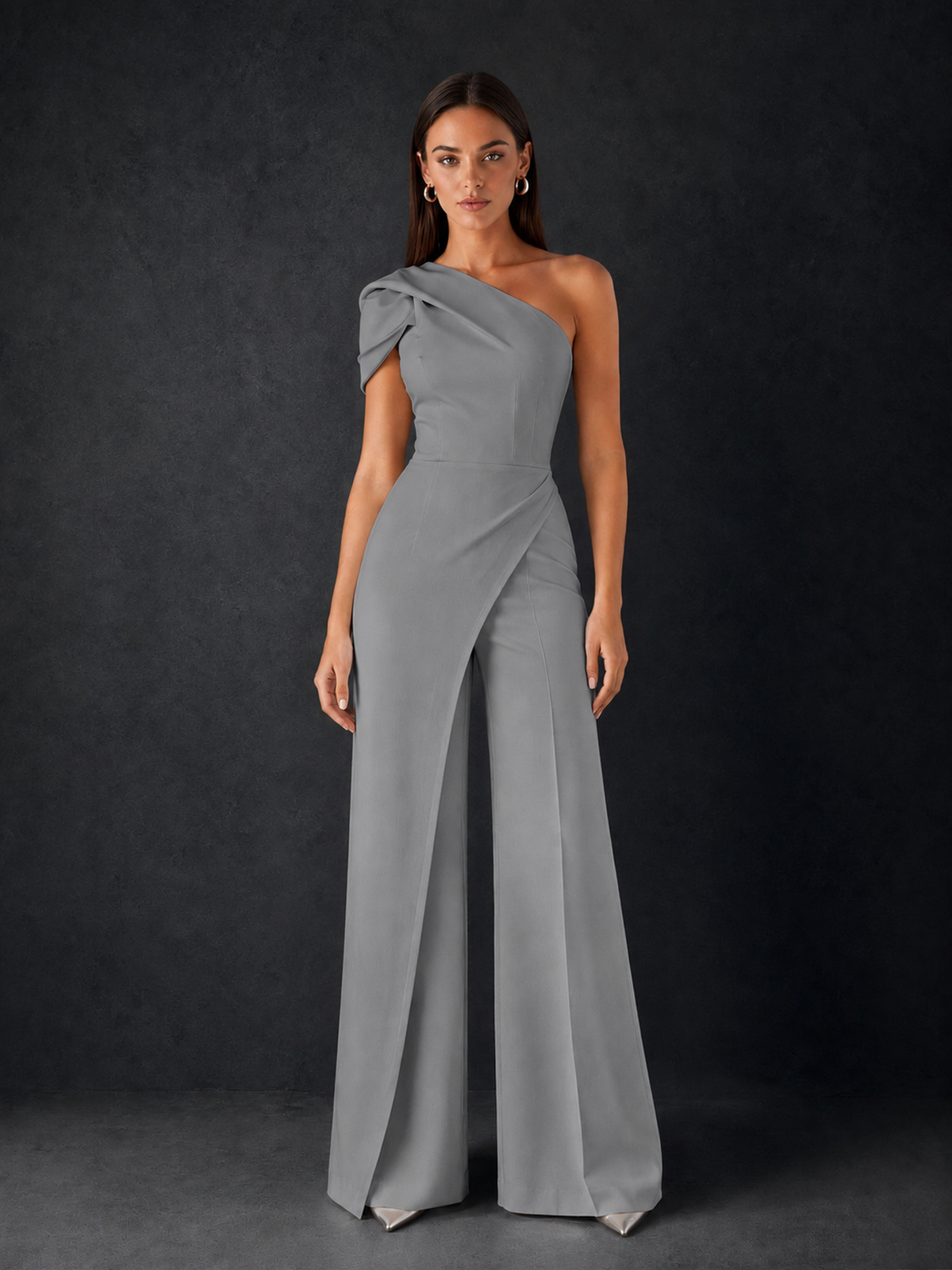 BOLODOO Grey One-Shoulder Puff Sleeve Wide-Leg Jumpsuit with Front Slit and Open Back - Grey