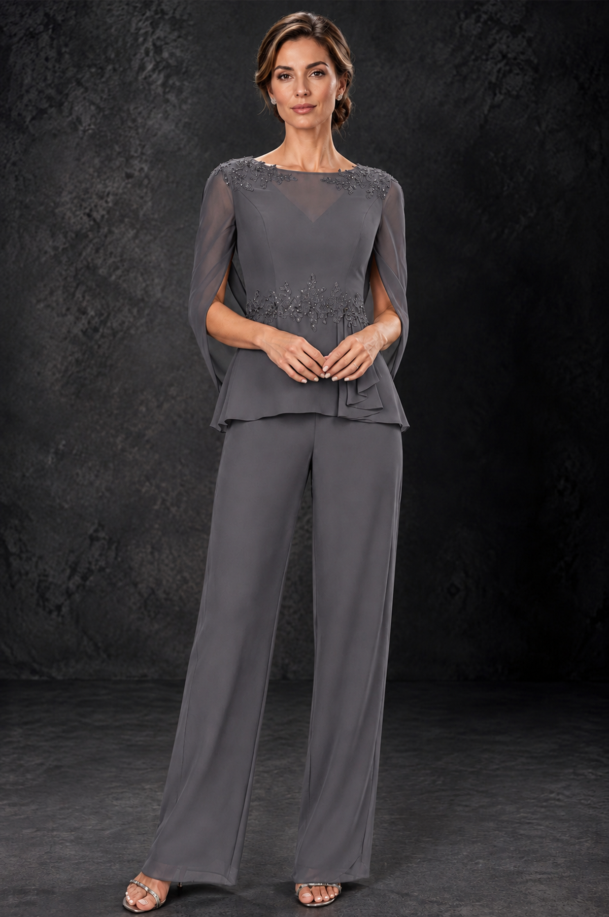 BOLODOO Grey Embellished Cape Sleeve Mother of the Bride Pantsuit - Grey - Grey_1