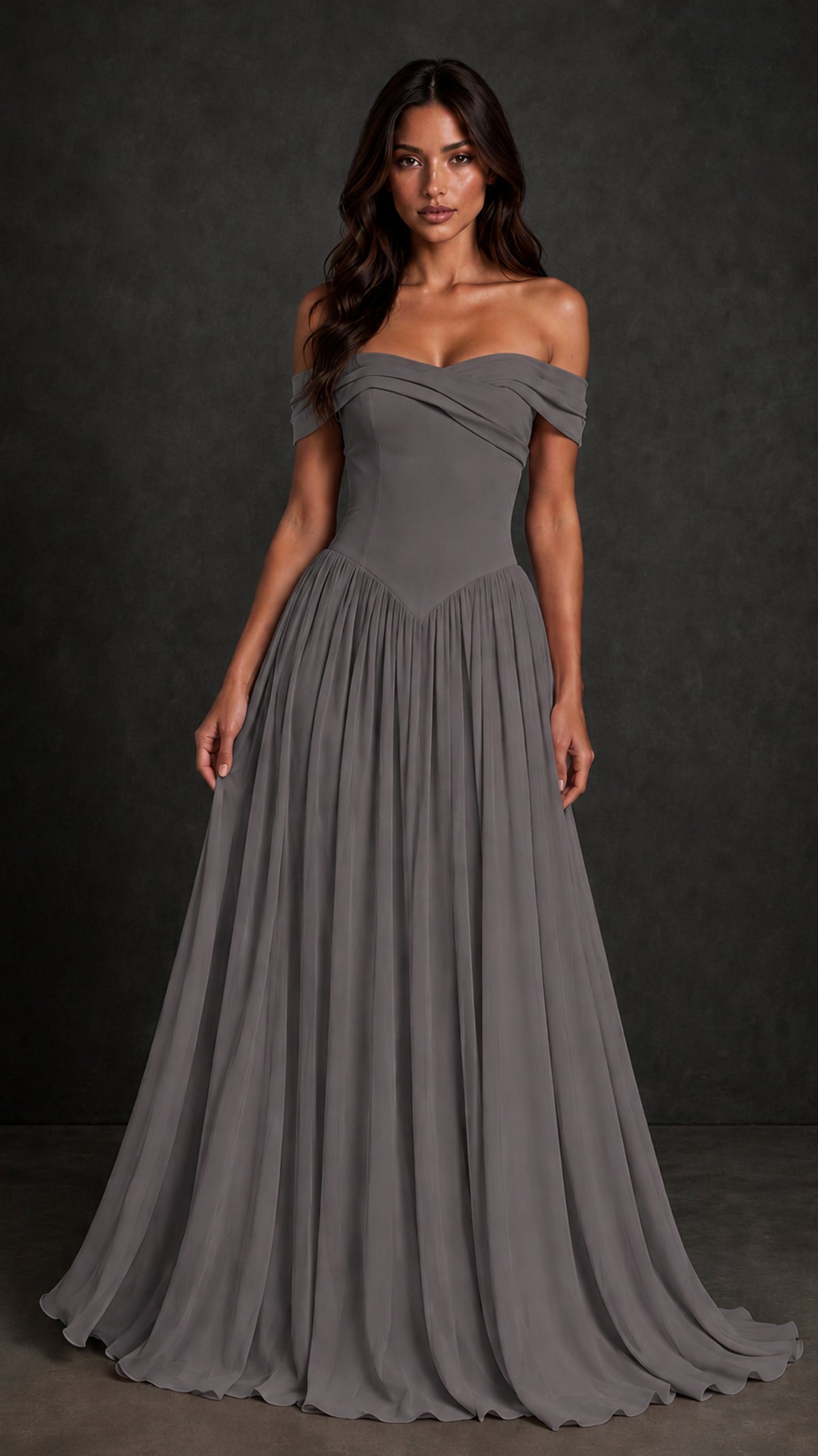 BOLODOO Grey Off-Shoulder Sweetheart Corset Pleated Chiffon Maxi Dress - Grey