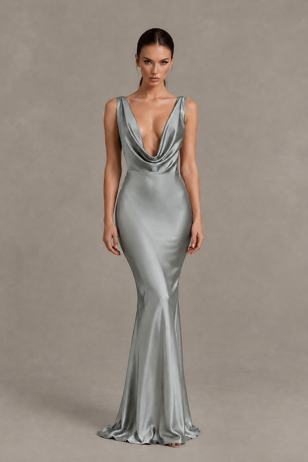 BOLODOO Grey Cowl Neck Backless Satin Mermaid Evening Dress - Grey - Grey_1