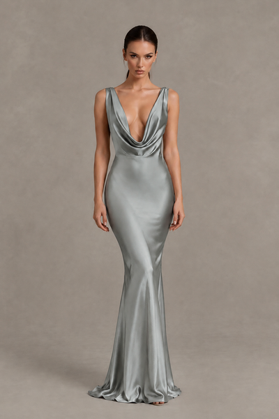 BOLODOO Grey Cowl Neck Backless Satin Mermaid Evening Dress - Grey - Grey_1