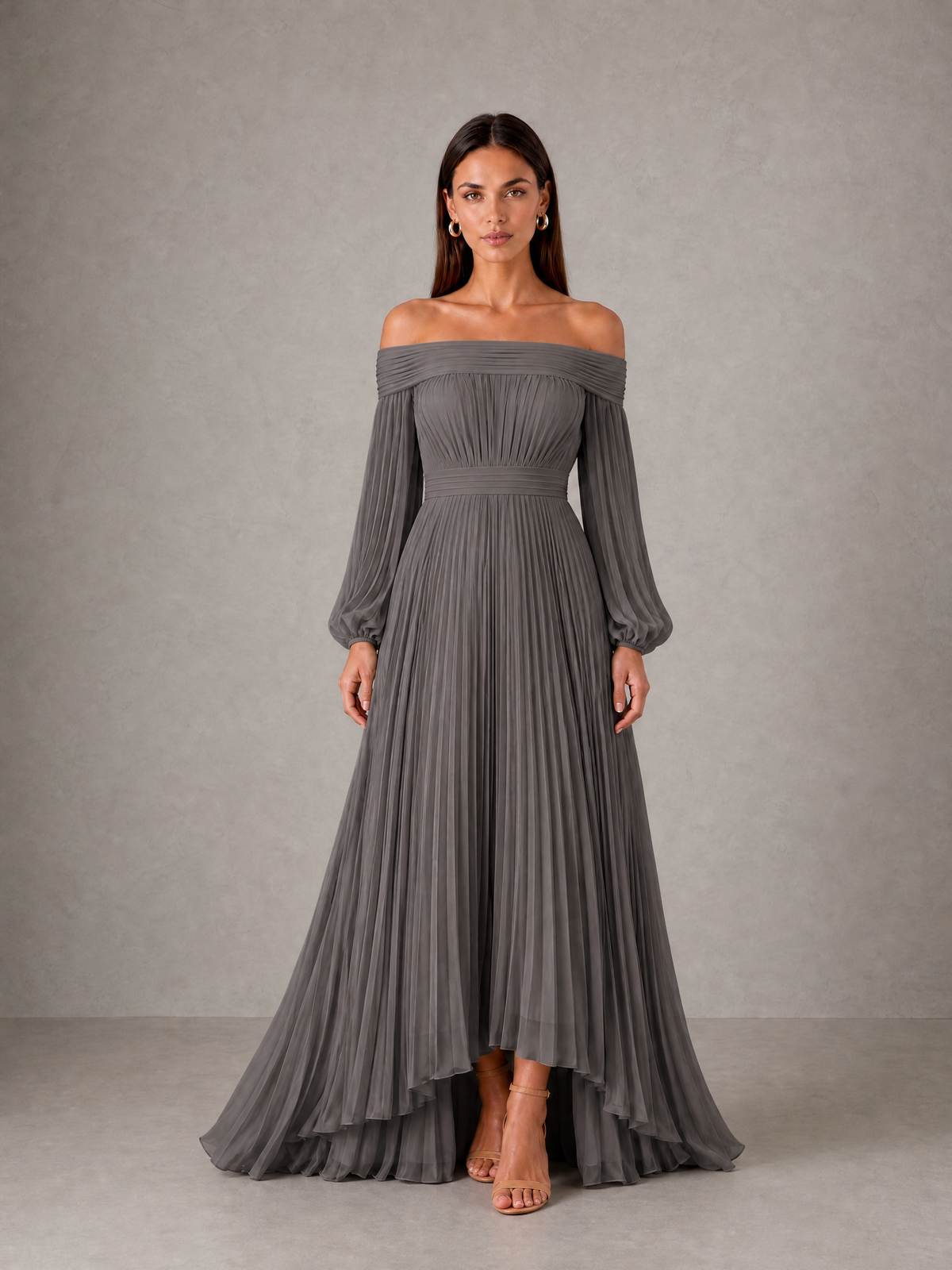 BOLODOO Grey Off-Shoulder Long Sleeve Pleated High-Low Dress - Grey - Grey_1