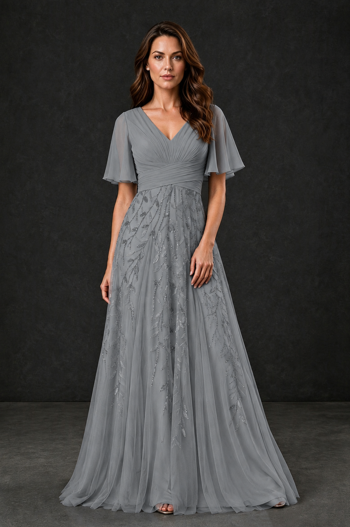 BOLODOO Grey V-Neck Flutter Sleeve Beaded Botanical Tulle A-Line Gown | Mother of the Bride Evening Dress - Grey - Grey_1