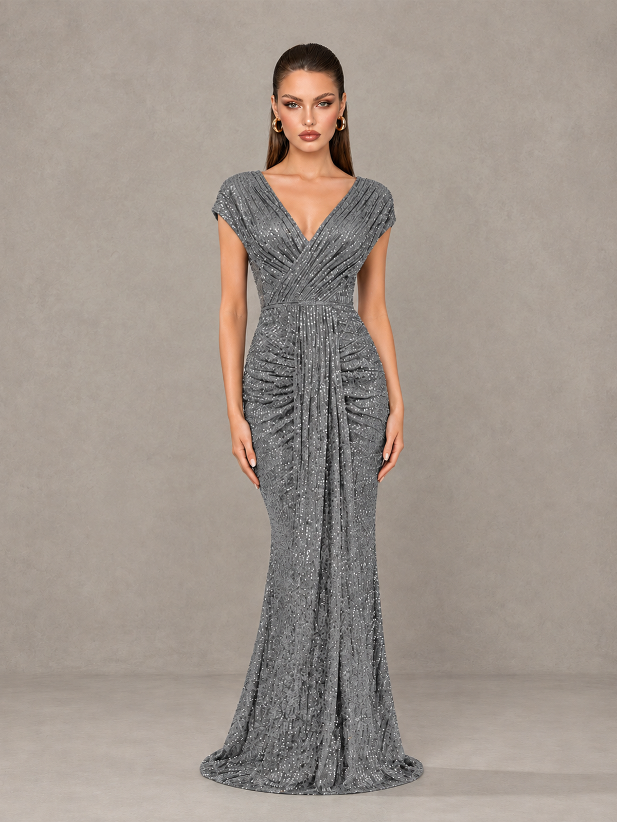 BOLODOO Grey Glitter V-Neck Cap Sleeve Ruched Mermaid Evening Gown - Grey - Grey_1