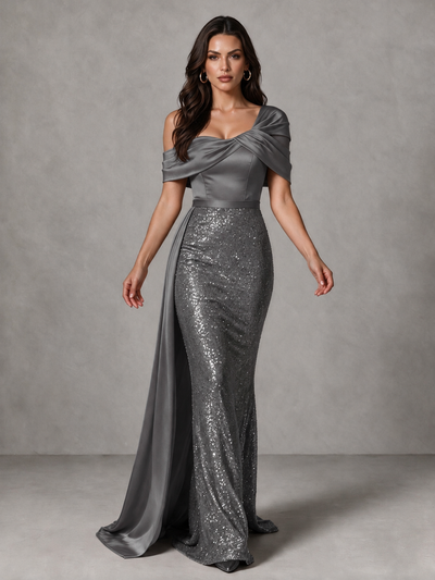 BOLODOO Grey Sequin Mermaid Evening Dress with Off-Shoulder Satin Drape and Sweep Train - Grey - Grey_1