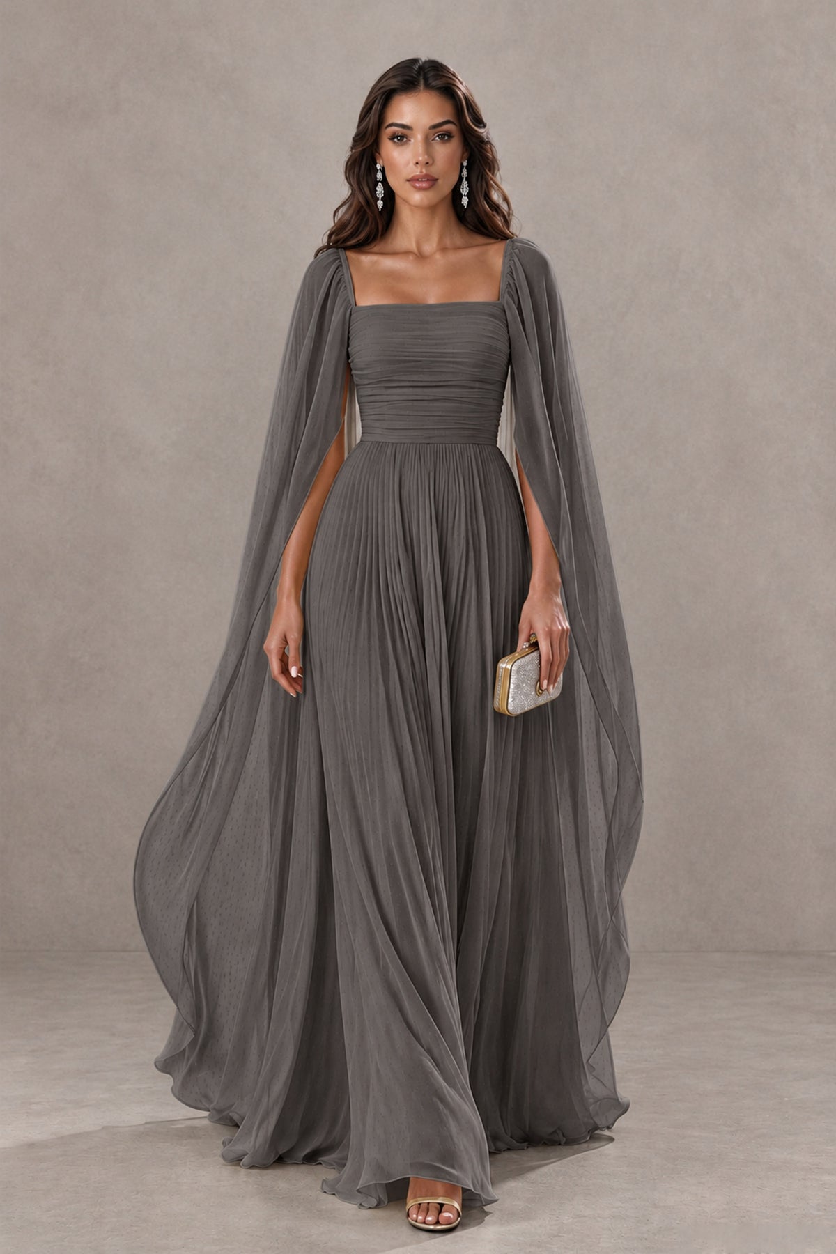 BOLODOO Grey Square Neck Cape Sleeve A-Line Evening Dress - Grey - Grey_1