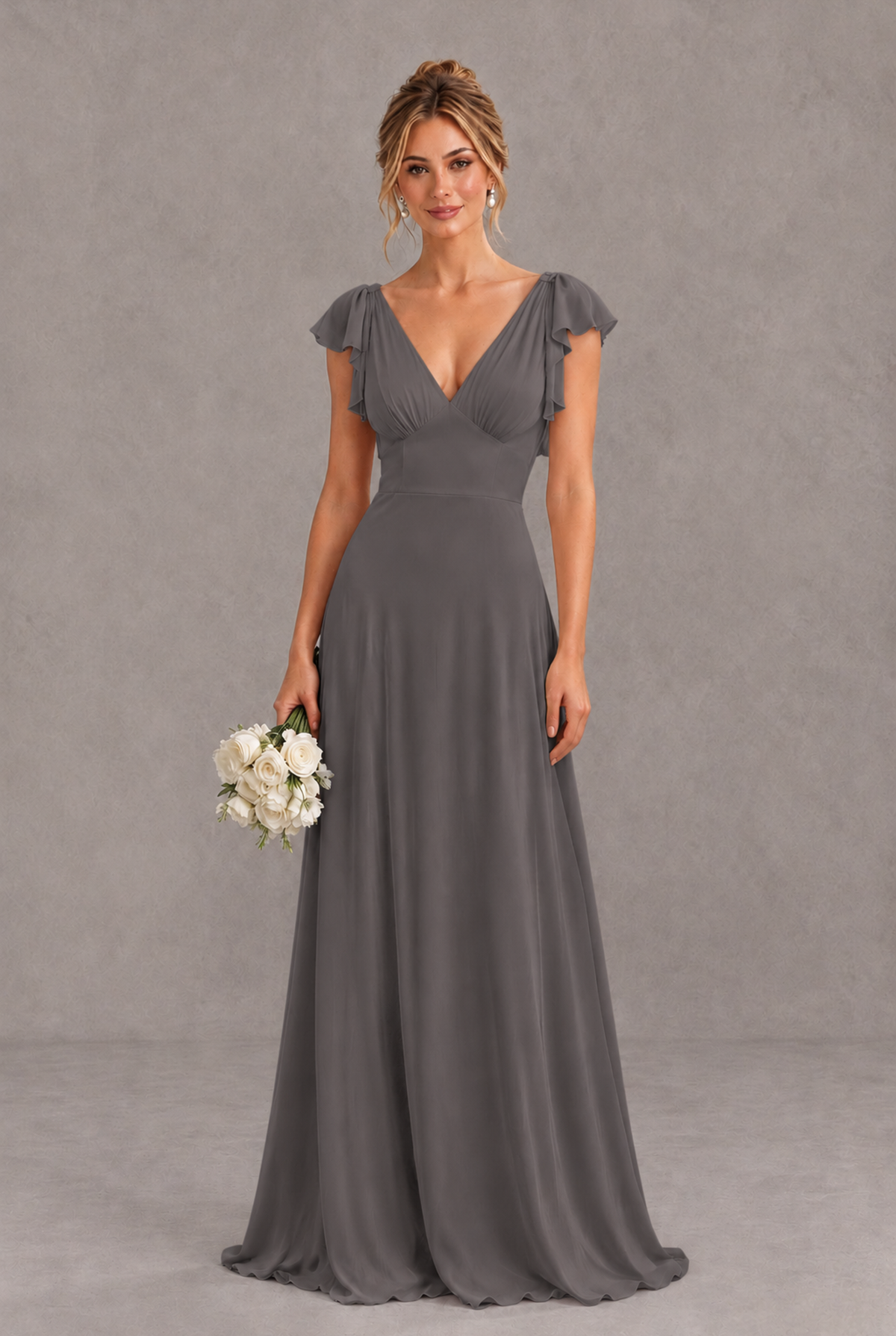 BOLODOO Grey V-Neck Flutter Sleeve A-Line Bridesmaid Dress - Grey - Grey_1