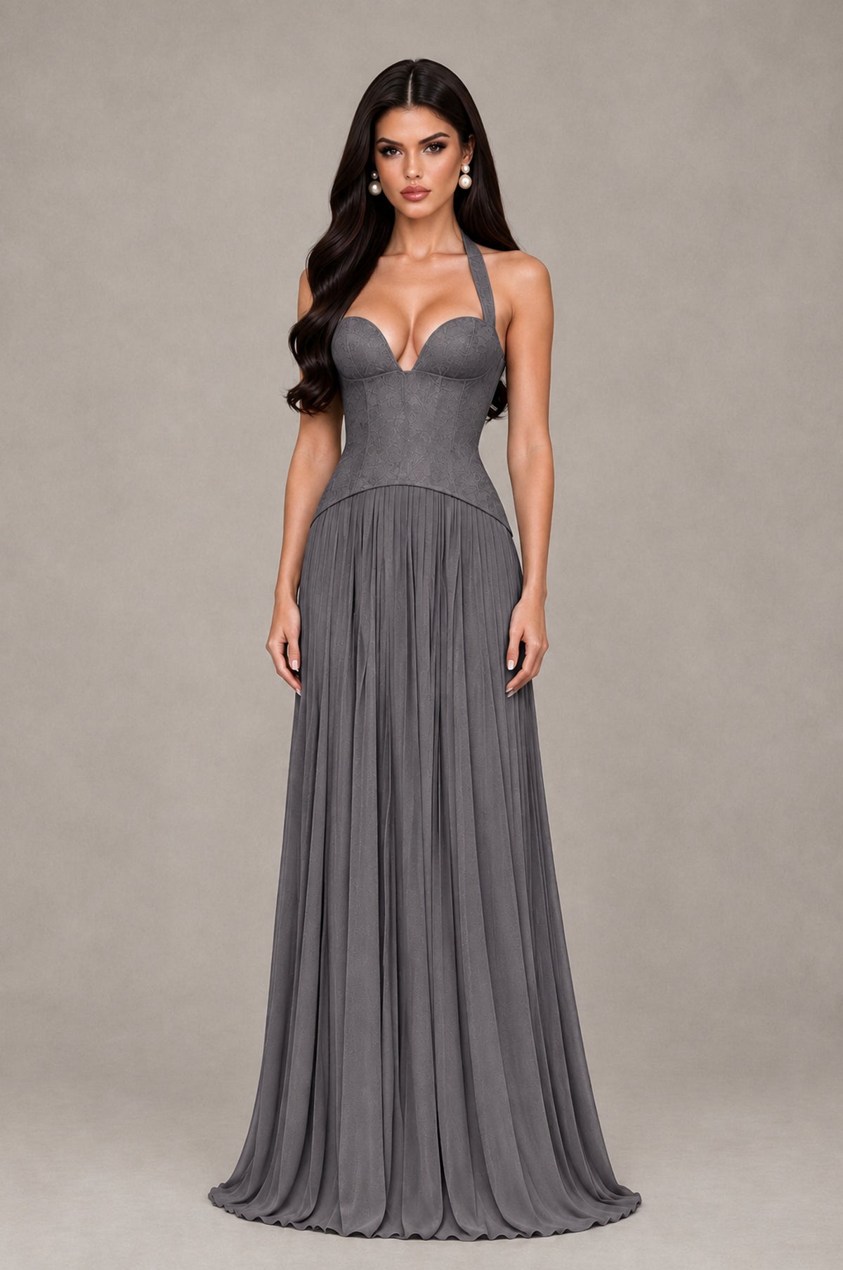 BOLODOO Grey Halter Corset Pleated A-Line Evening Dress - Grey - Grey_1