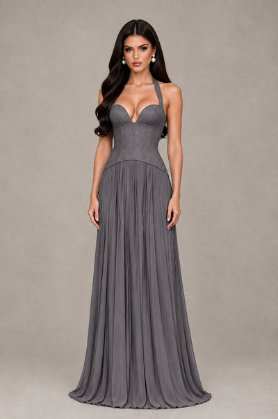 BOLODOO Grey Halter Corset Pleated A-Line Evening Dress - Grey - Grey_1