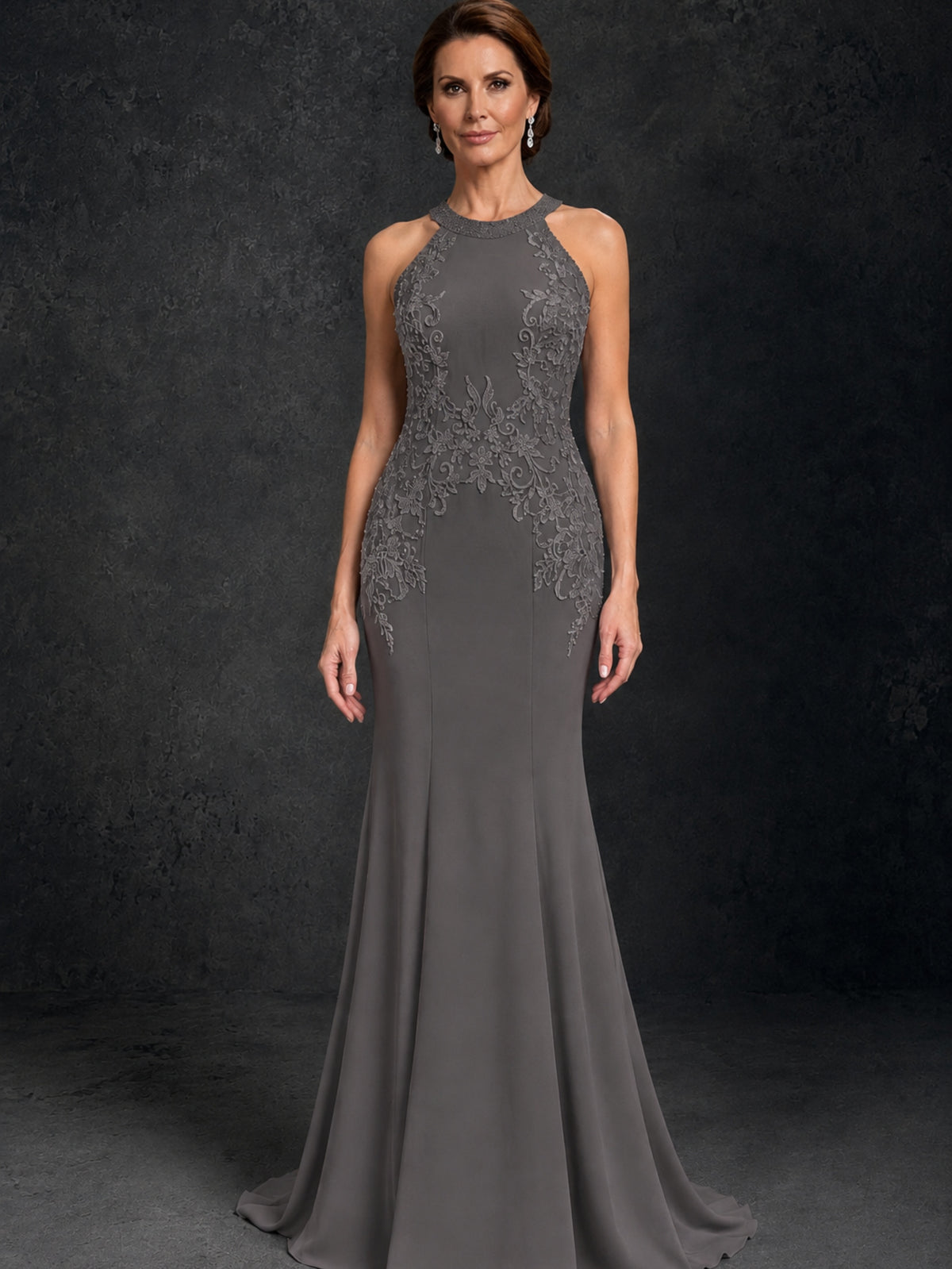 BOLODOO Grey Lace Applique Halter Neck Sheer Back Mermaid Maxi Dress with Sweep Train - Grey