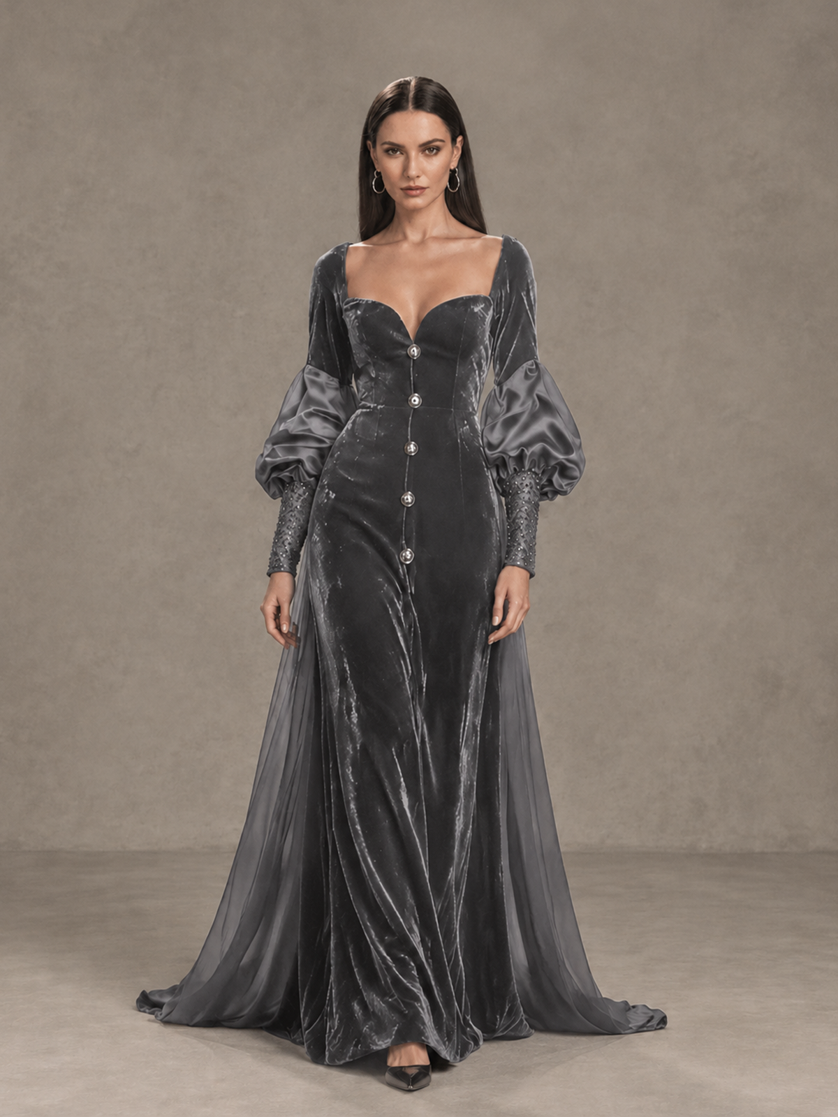 BOLODOO Grey Velvet Long Sleeve Open-Back Evening Gown - Grey - Grey_1