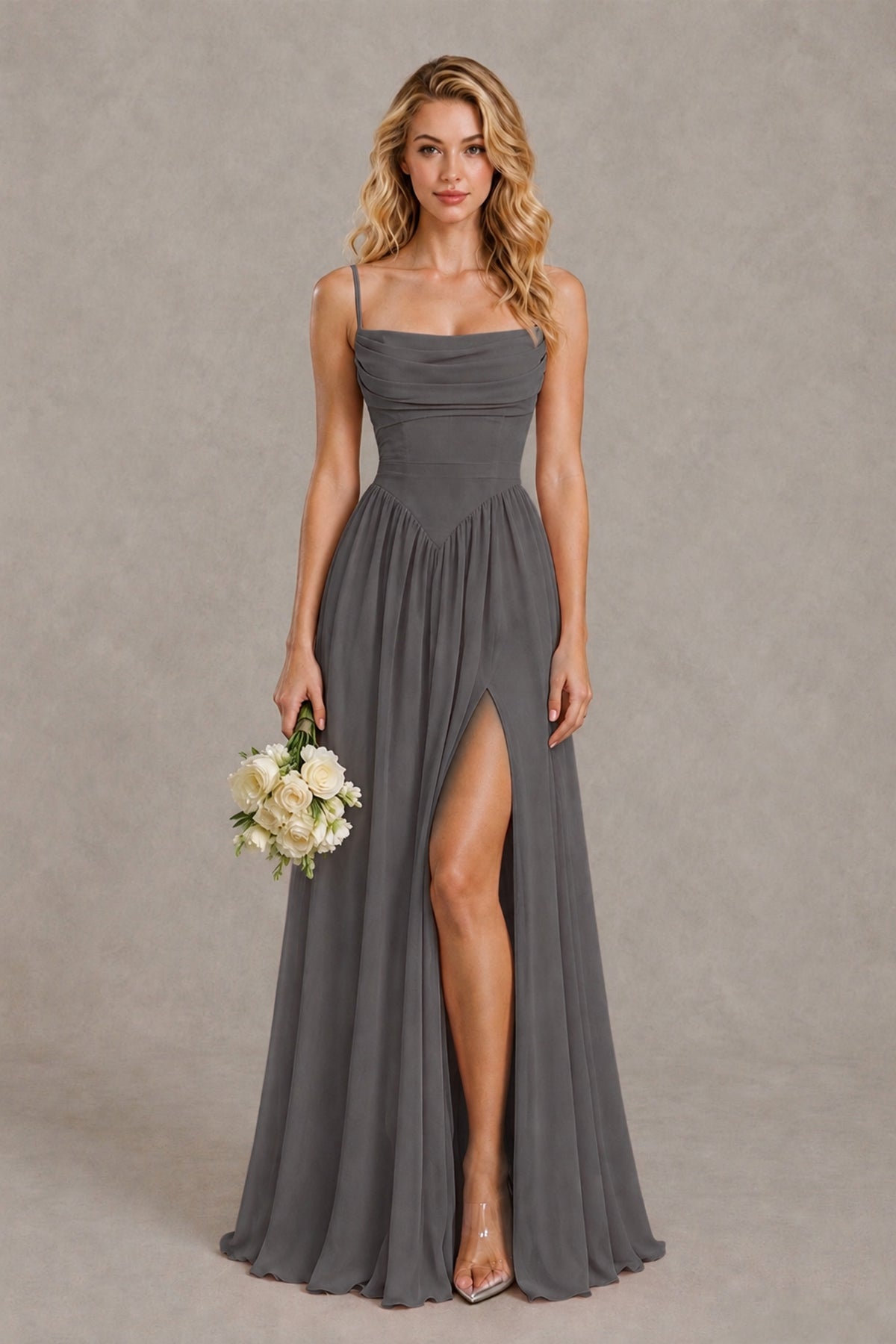 BOLODOO Grey Spaghetti Strap A-Line Bridesmaid Dress with Slit - Grey - Grey_1