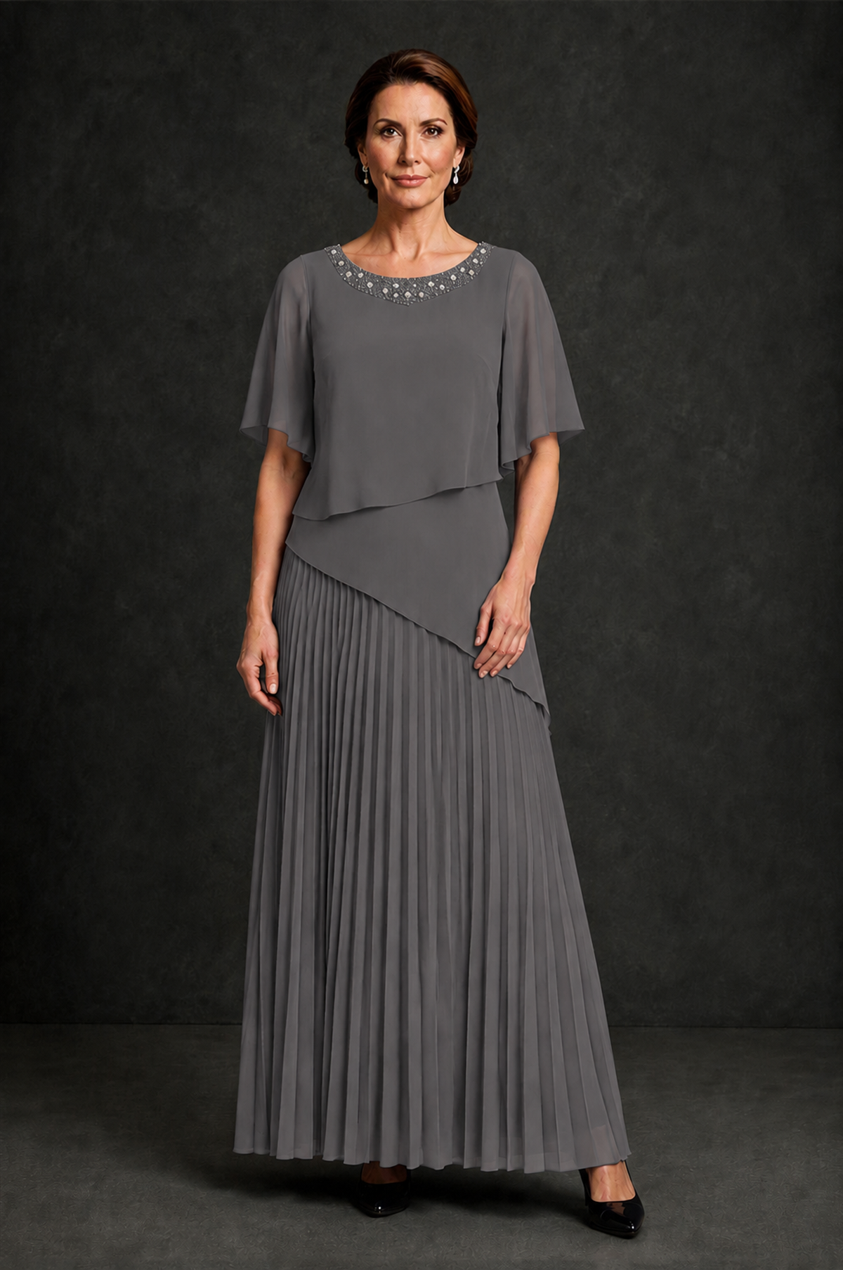 BOLODOO Grey Pearl Beaded Neck Asymmetric Tiered Flutter Sleeve Pleated Chiffon Maxi Dress - Grey - Grey_1