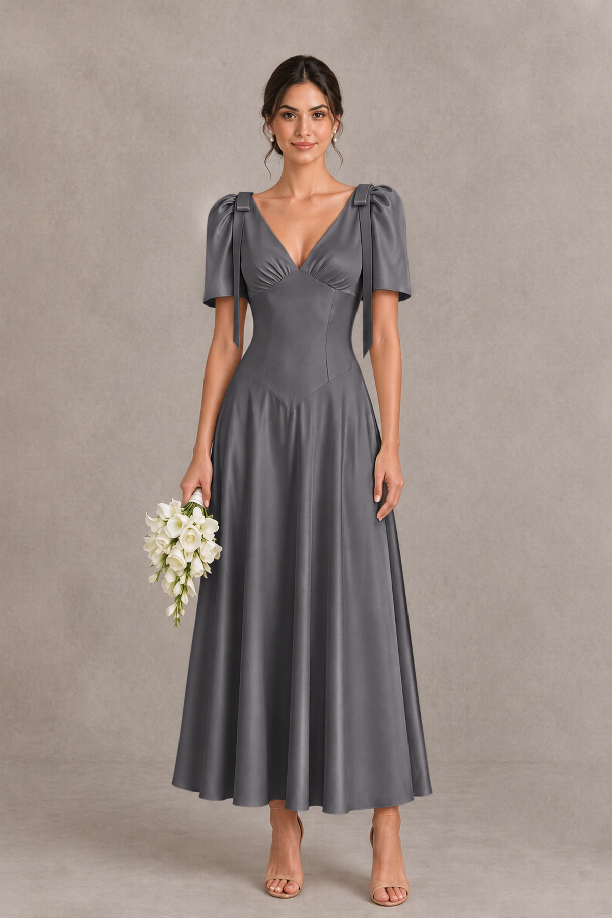 BOLODOO Grey V-Neck Short Sleeve Satin-Look Bridesmaid Dress with Shoulder Bows - Grey - Grey_1