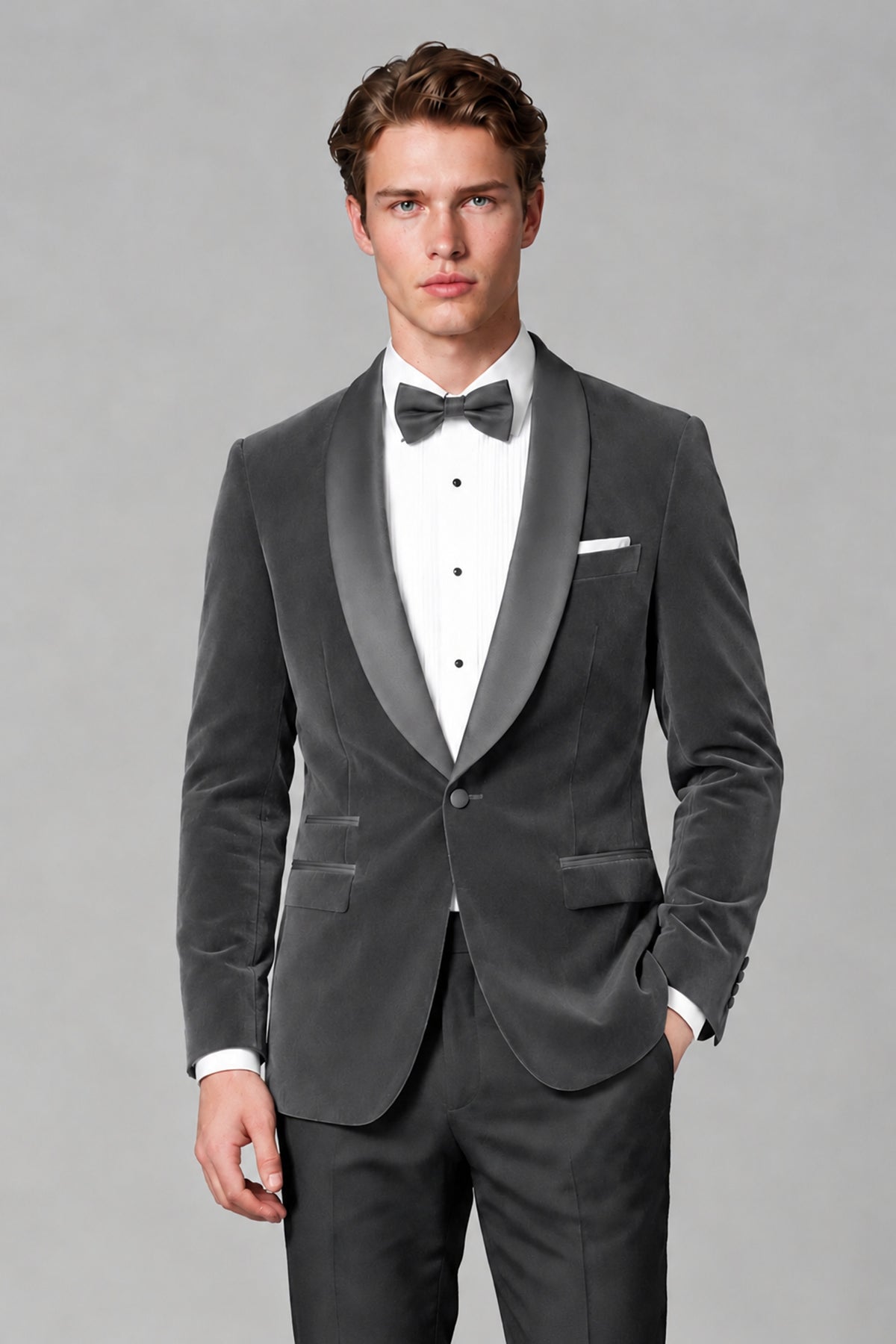 BOLODOO Men's Grey Velvet Blazer | Shawl Lapel Tuxedo Jacket - Grey - Grey_1