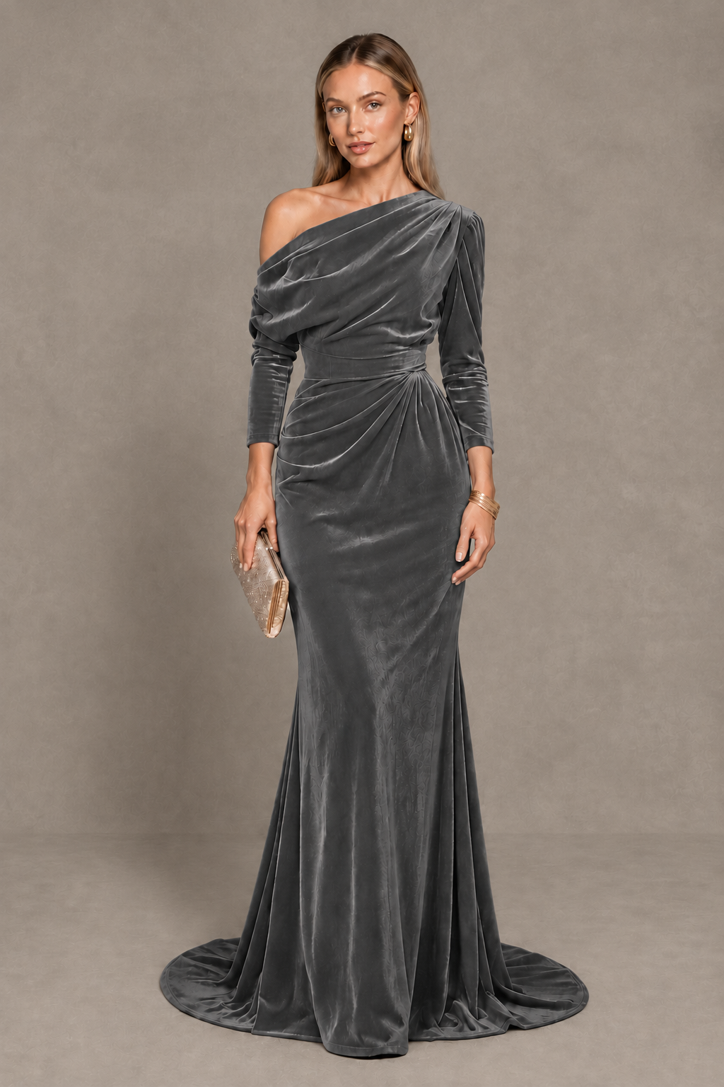 BOLODOO Grey Velvet Asymmetric Neck Mermaid Evening Dress - Grey - Grey_1