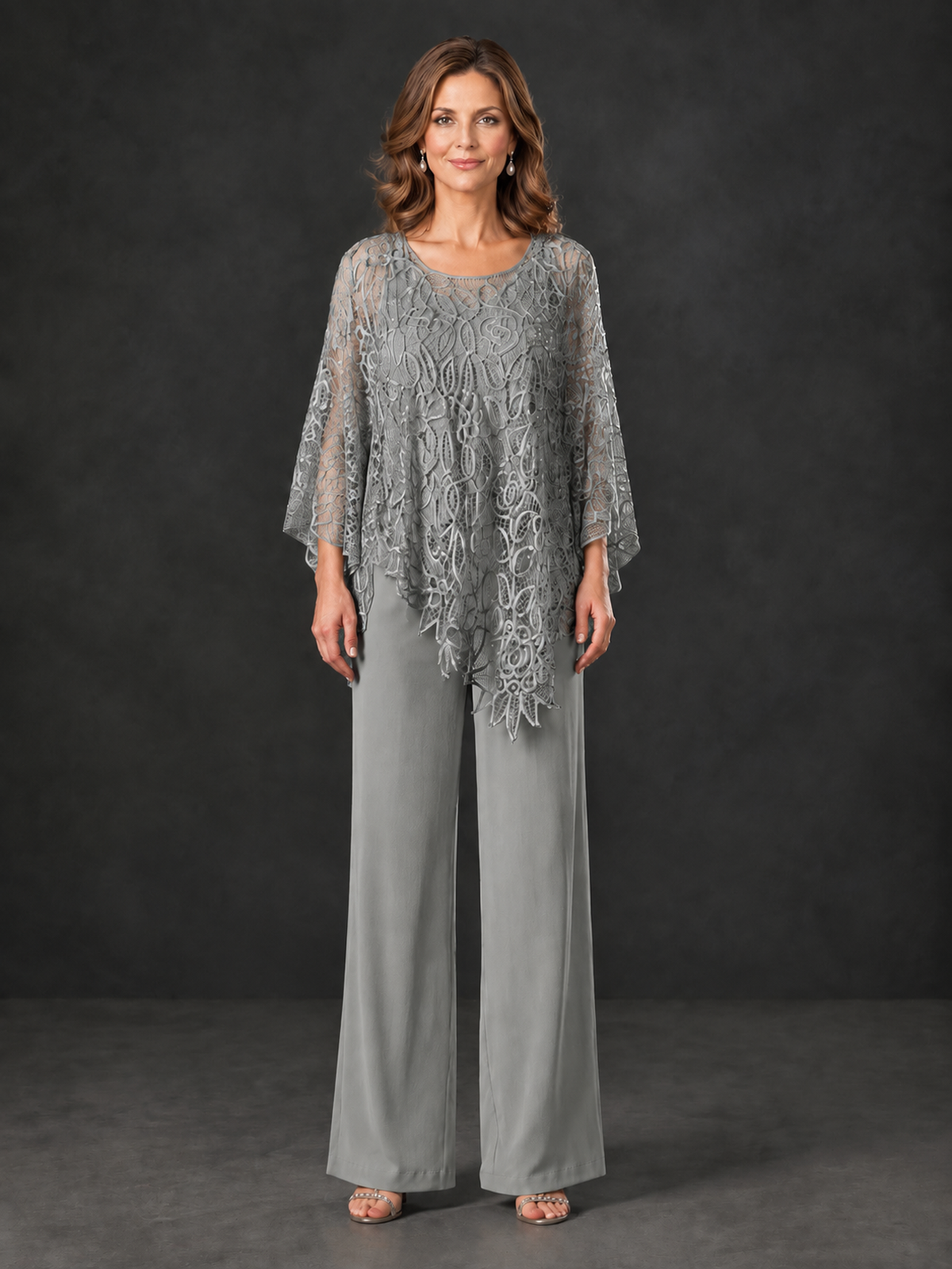 BOLODOO Grey Lace Overlay Wide-Leg Pantsuit for Mothers of the Bride - Grey
