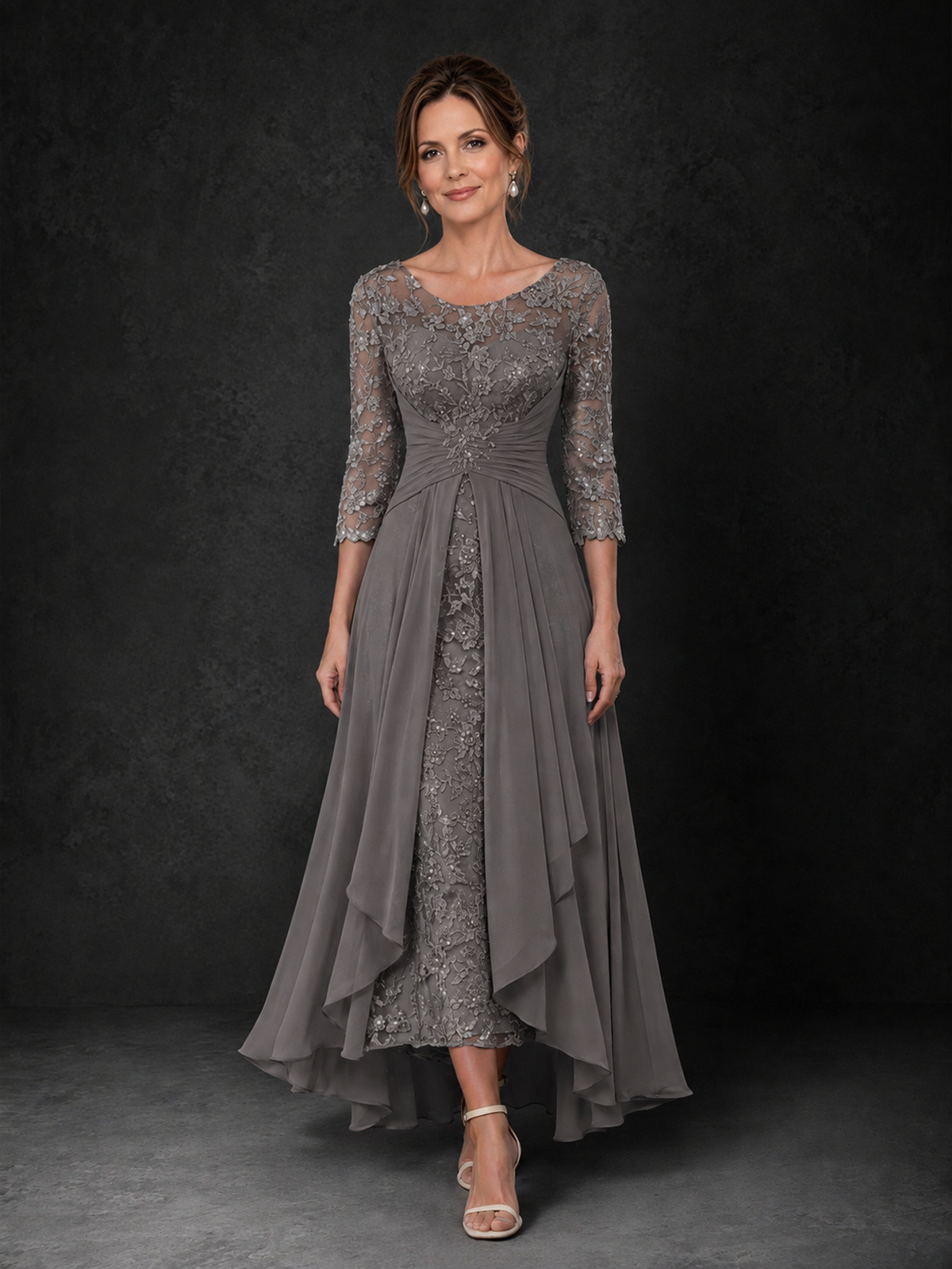 BOLODOO Grey Sequin Lace & Chiffon Tea-Length Mother of the Bride Dress with 3/4 Sleeves - Grey