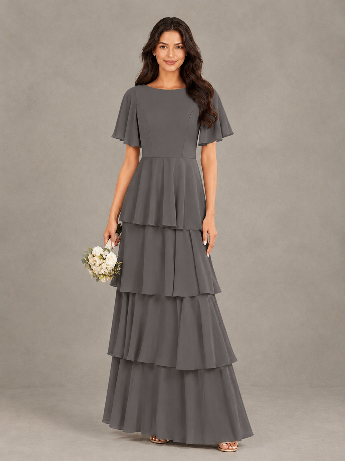 BOLODOO Grey Tiered Flutter Sleeve Bridesmaid Dress - Grey - Grey_1