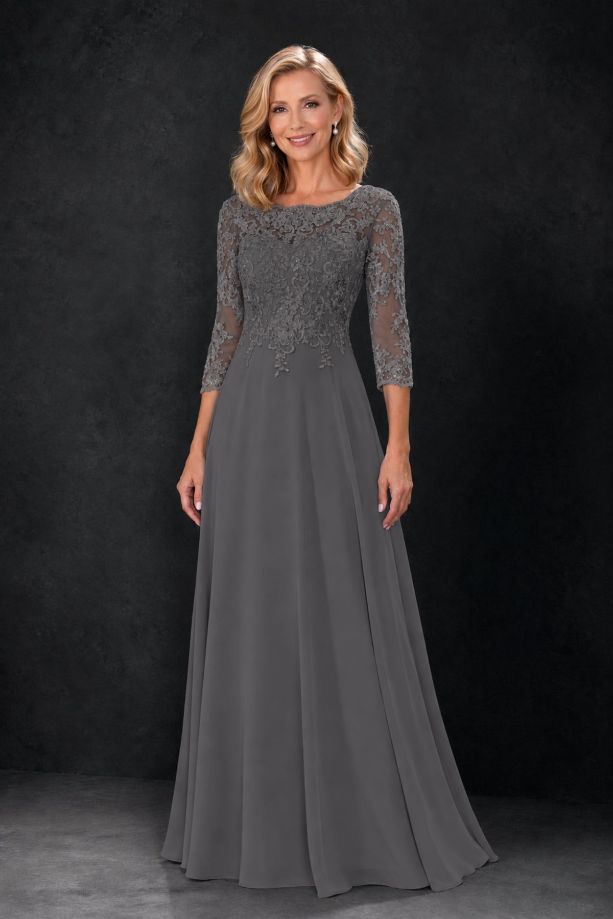 BOLODOO Grey Lace Embroidered Mother of the Bride Dress with 3/4 Sleeves - Grey