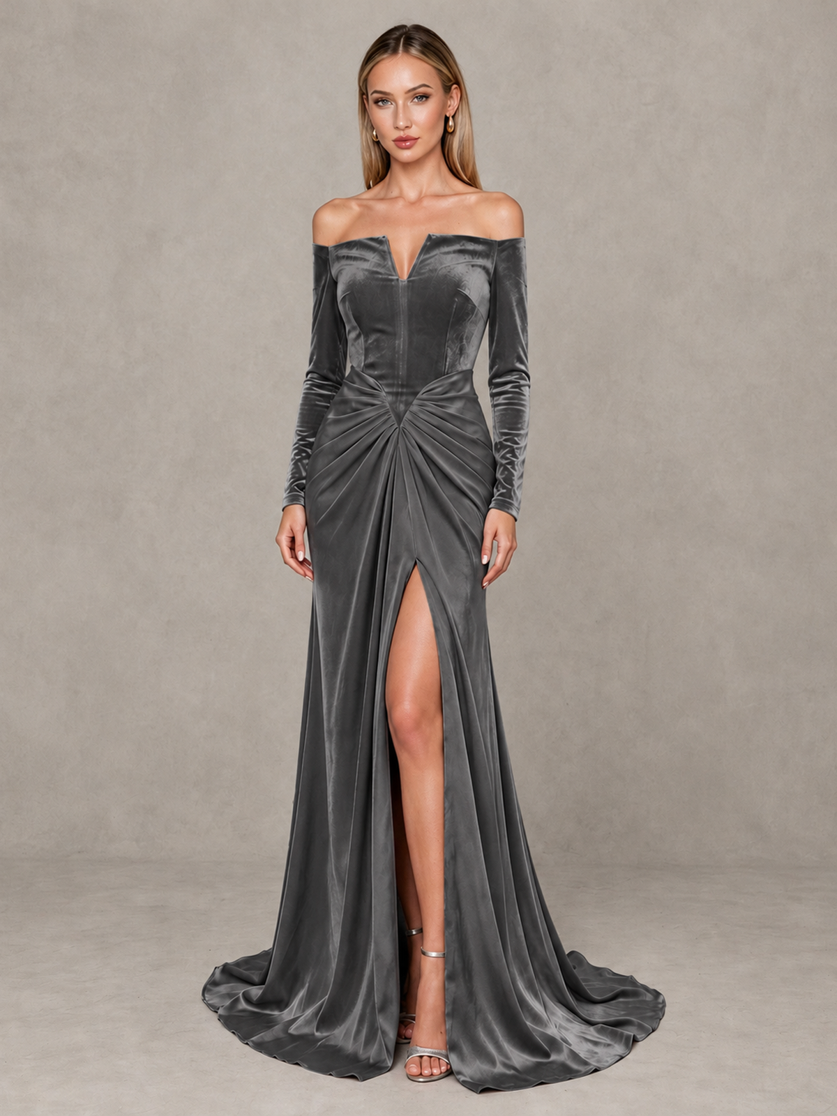 BOLODOO Grey Off-Shoulder Velvet Evening Gown with High Slit - Grey - Grey_1