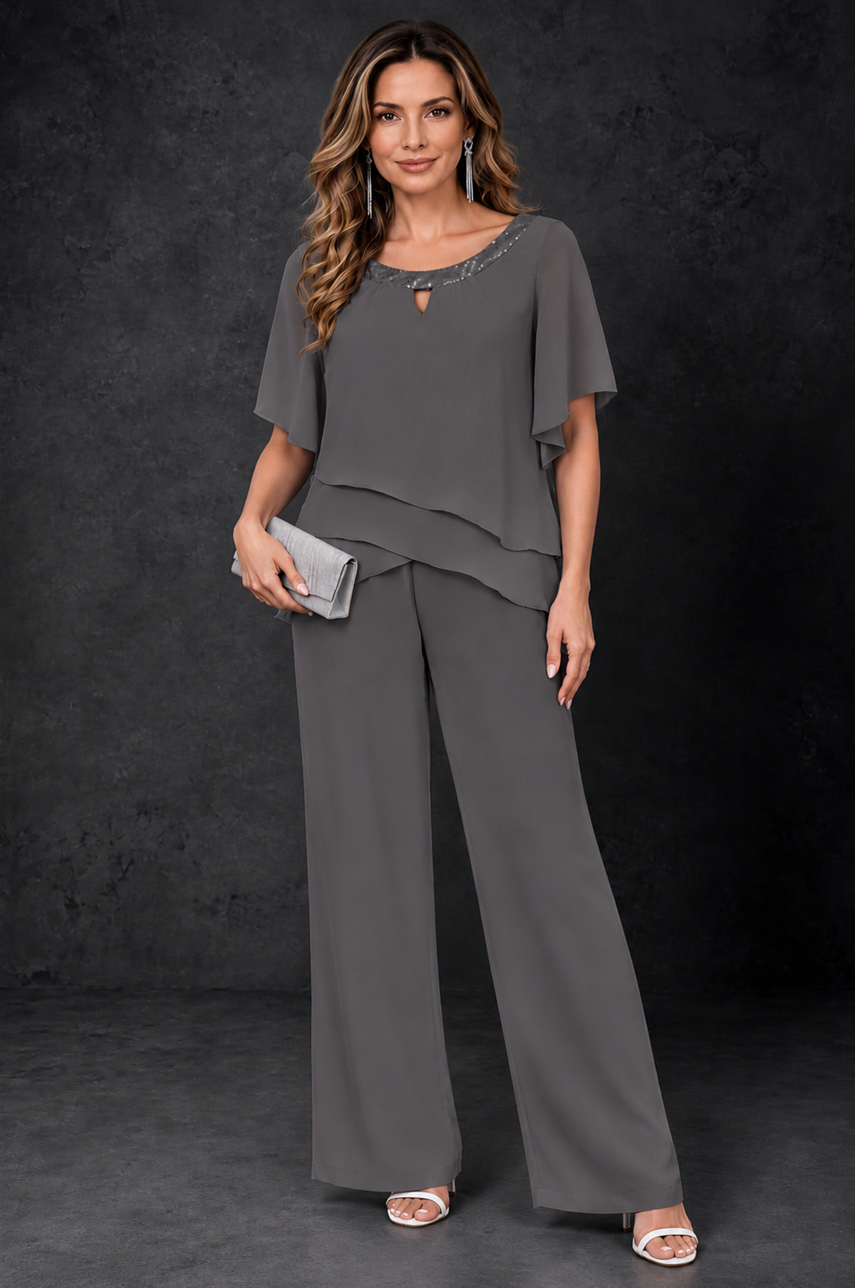 BOLODOO Grey Layered Chiffon-Look Mother of the Bride Pantsuit - Grey - Grey_1