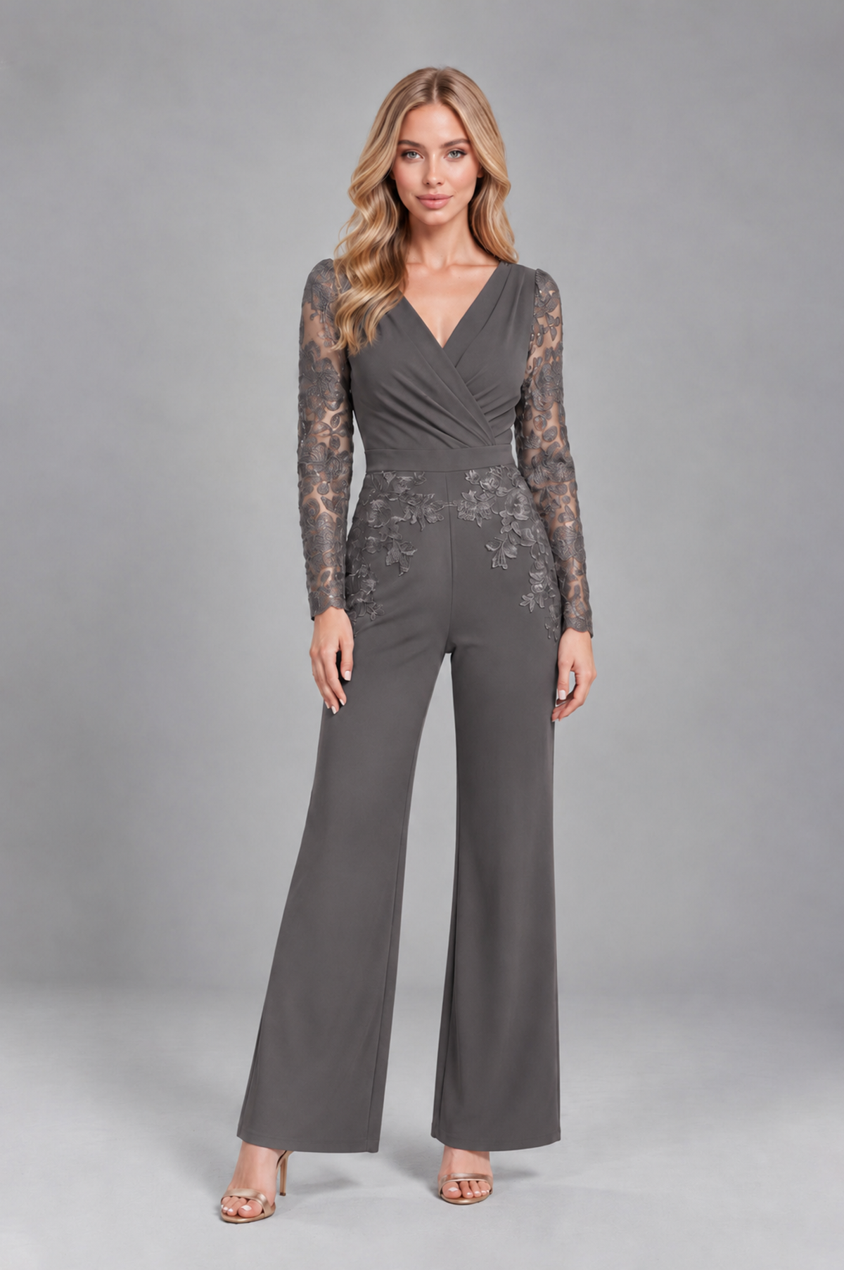 BOLODOO Grey Lace Long-Sleeve V-Neck Mother Pant Suit - Grey - Grey_1