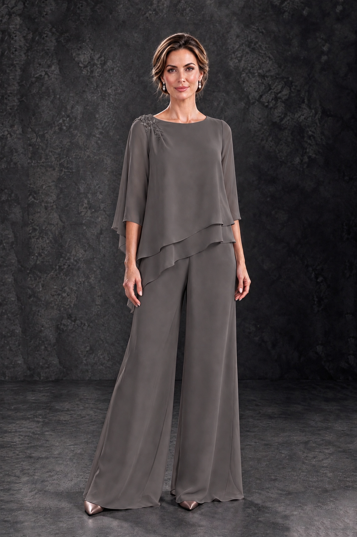 BOLODOO Grey Layered Wide-Leg Mother of the Bride Pant Suit - Grey - Grey_1