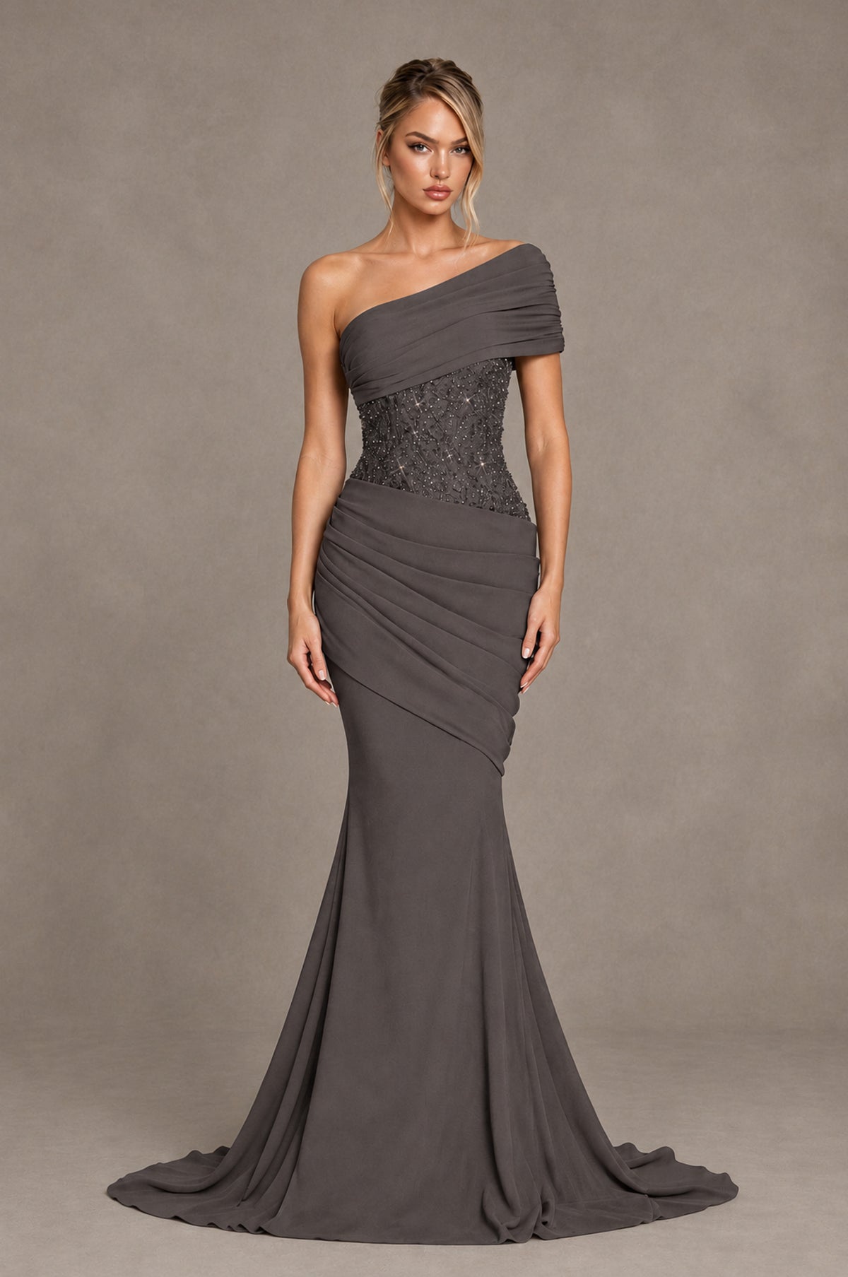 BOLODOO Grey One-Shoulder Sequin Embroidered Ruched Mermaid Gown with Train - Grey - Grey_1