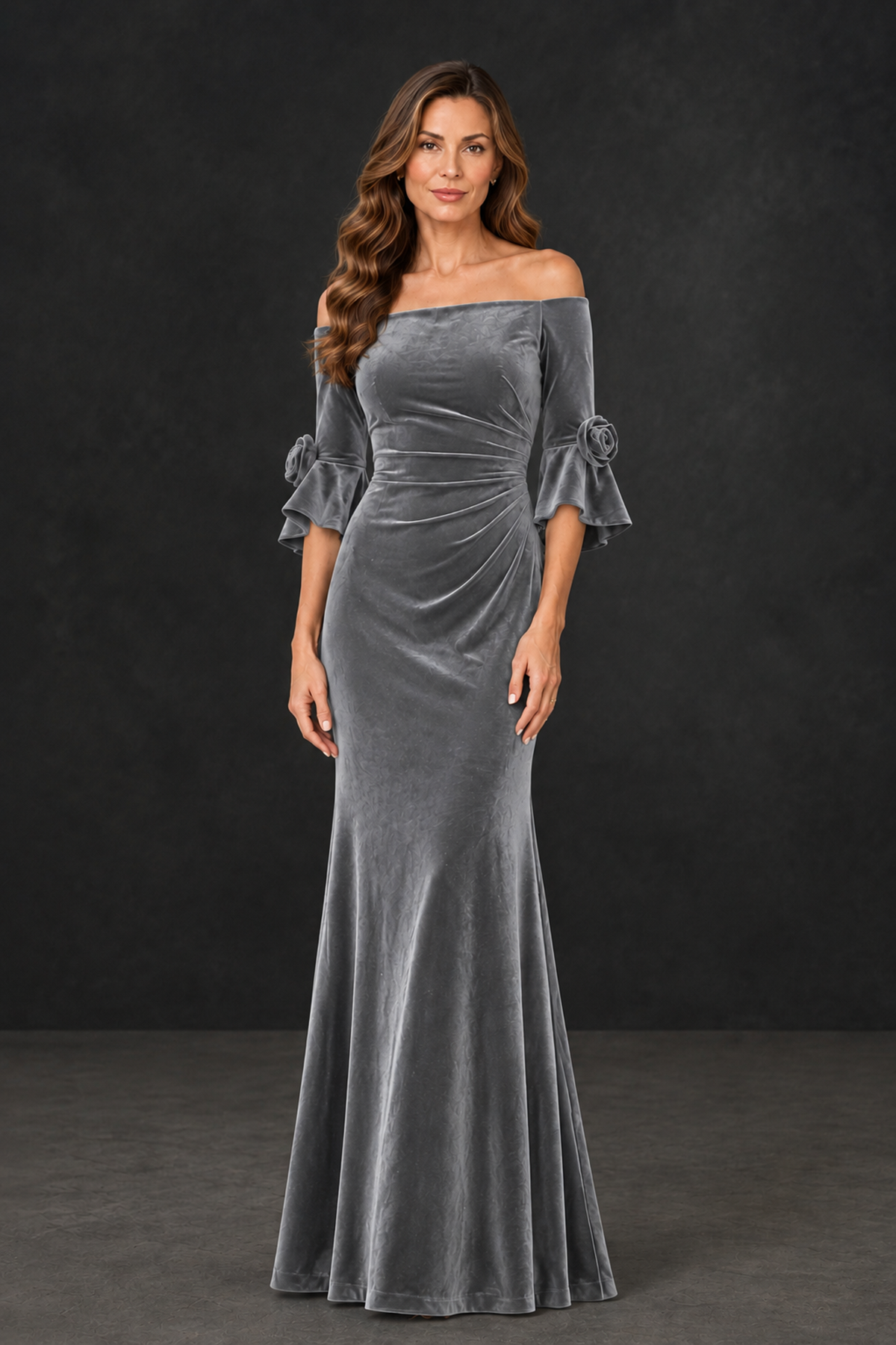 BOLODOO Grey Velvet Mother of the Bride Dress with Rosette Sleeves - Grey - Grey_1