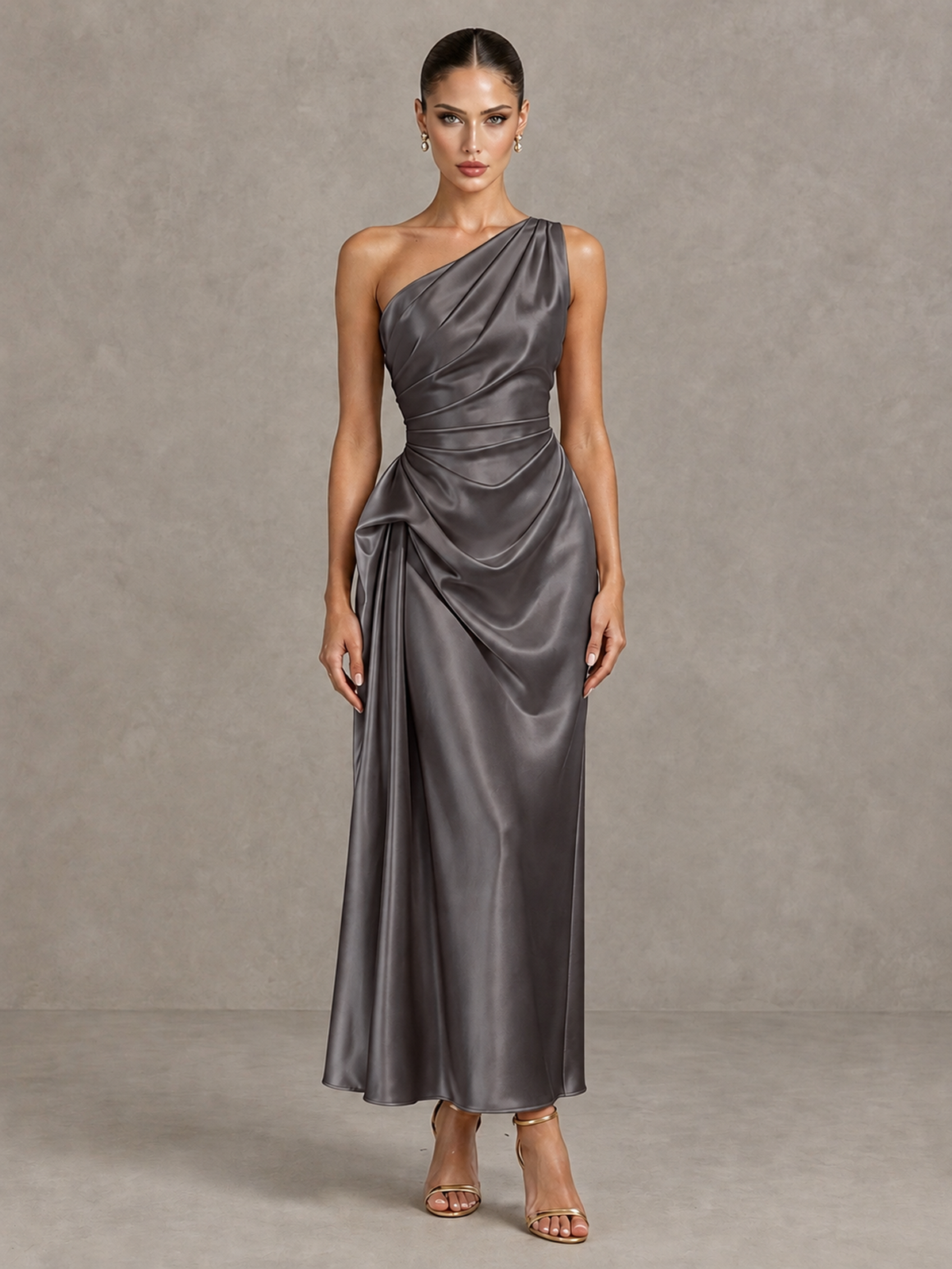 BOLODOO Grey One Shoulder Satin Cocktail Dress with Draped A-Line Skirt - Grey - Grey_1